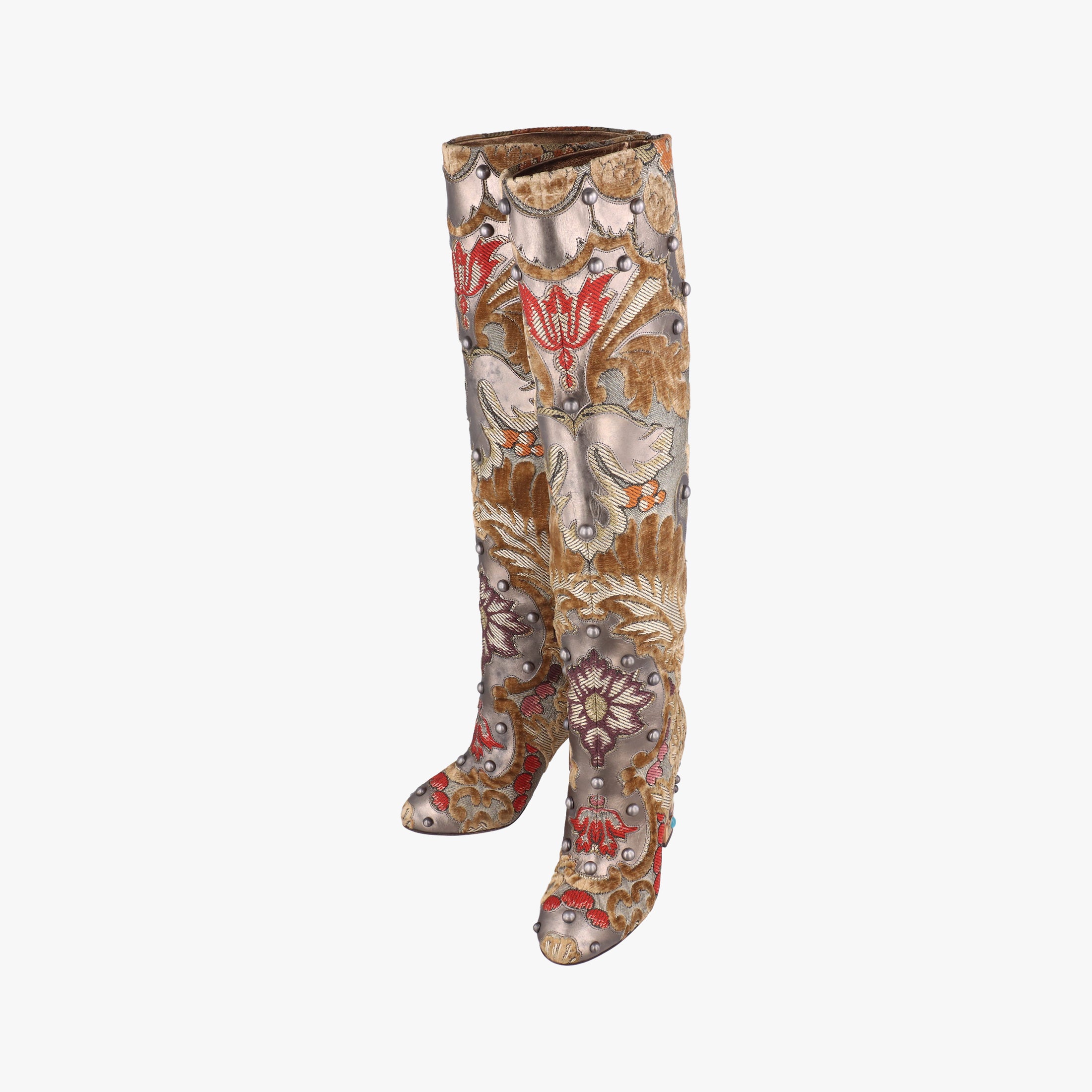 Secondhand Dolce & Gabbana  Embellished Brocade Knee-High Boots Gold and Beige Tones Jacquard  boots | stylenewstar