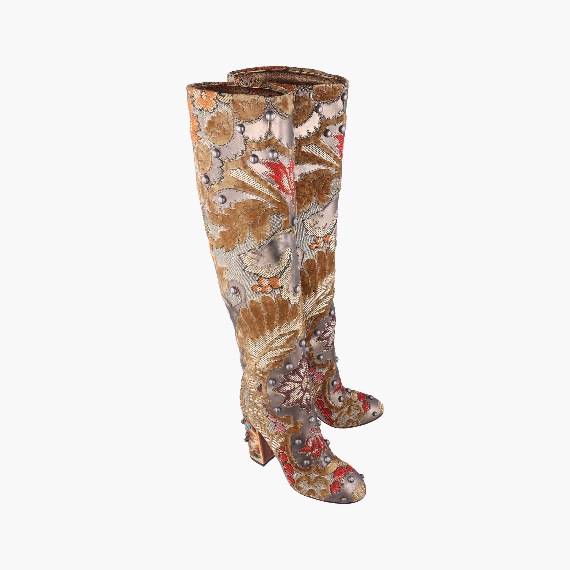 Secondhand Dolce & Gabbana  Embellished Brocade Knee-High Boots Gold and Beige Tones Jacquard  boots | stylenewstar