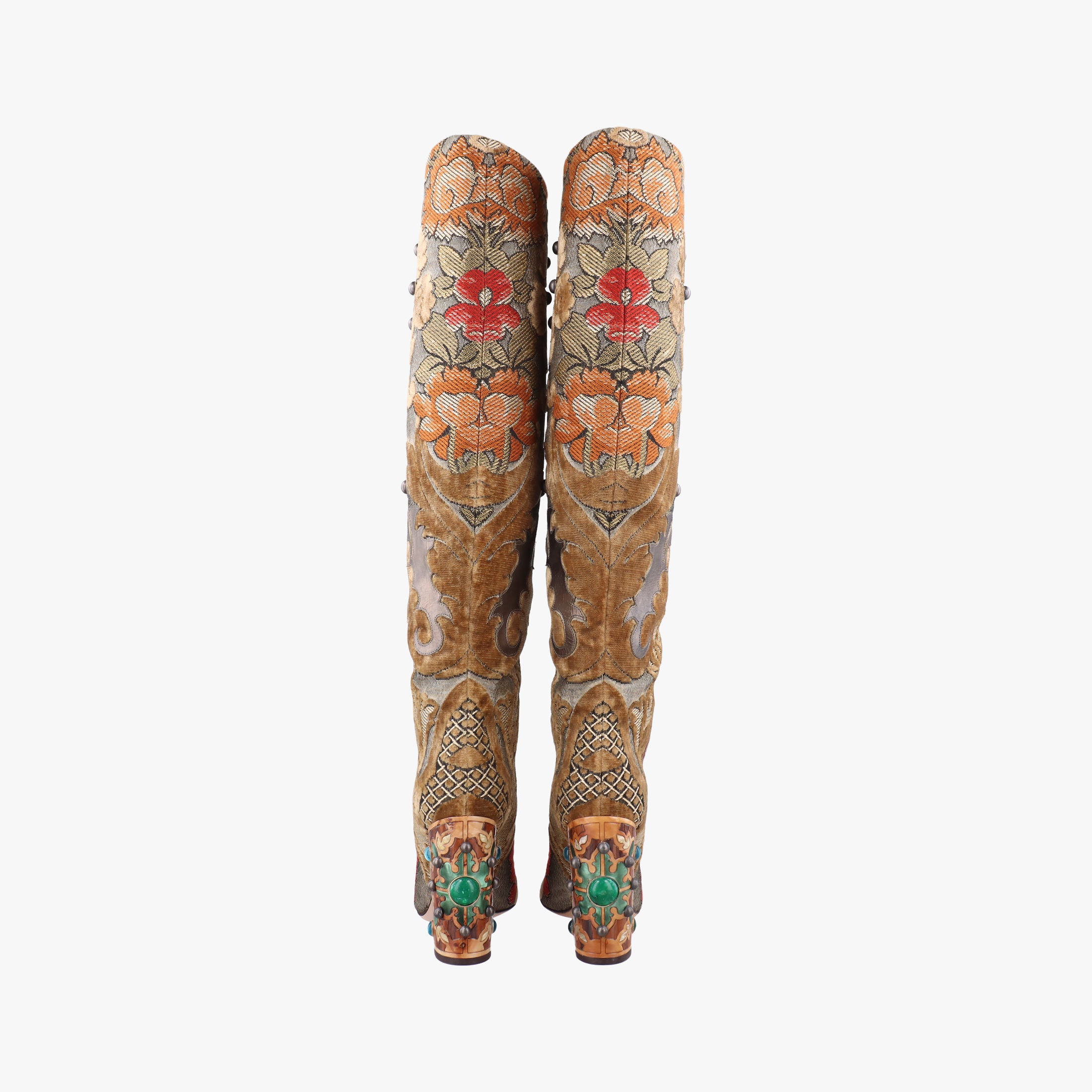 Secondhand Dolce & Gabbana  Embellished Brocade Knee-High Boots Gold and Beige Tones Jacquard  boots | stylenewstar