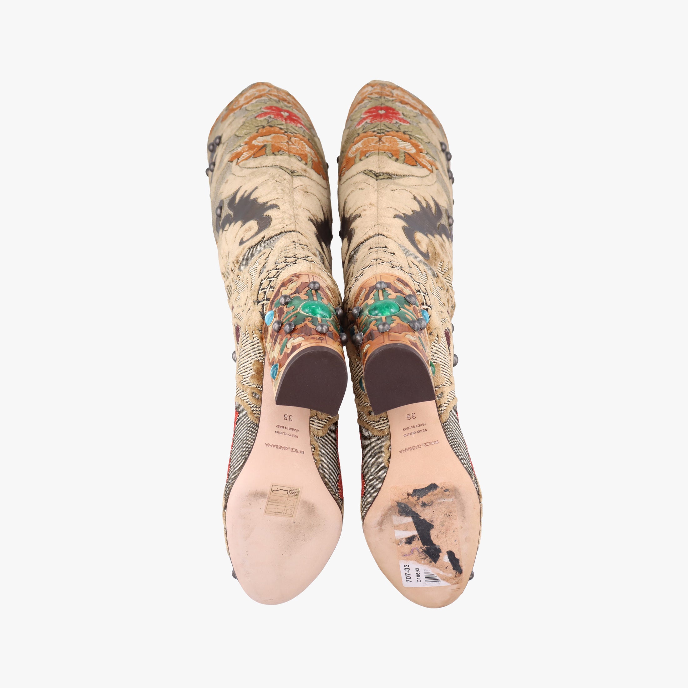 Secondhand Dolce & Gabbana  Embellished Brocade Knee-High Boots Gold and Beige Tones Jacquard  boots | stylenewstar