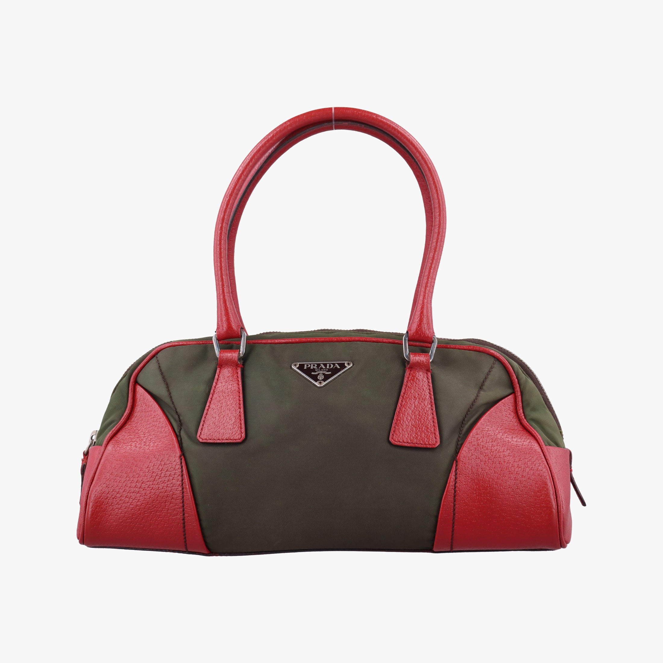 Pre-owned Prada Triangle logo Red x green Nylon×Leather  handbag | stylenewstar