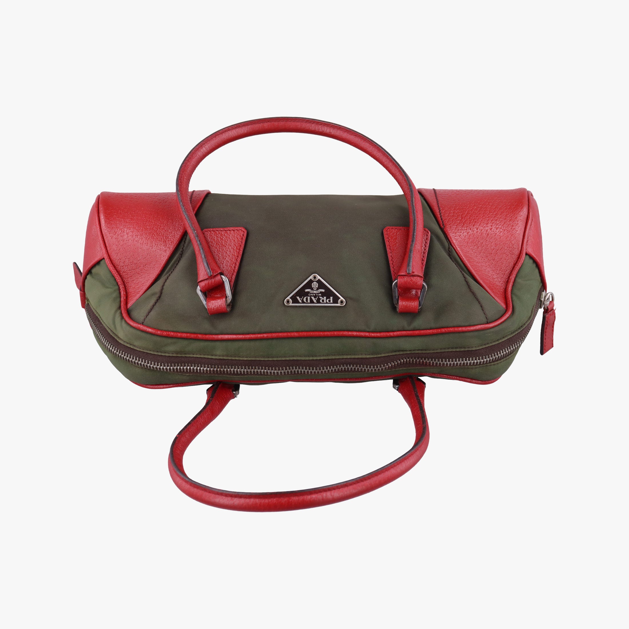 Pre-owned Prada Triangle logo Red x green Nylon×Leather  handbag | stylenewstar