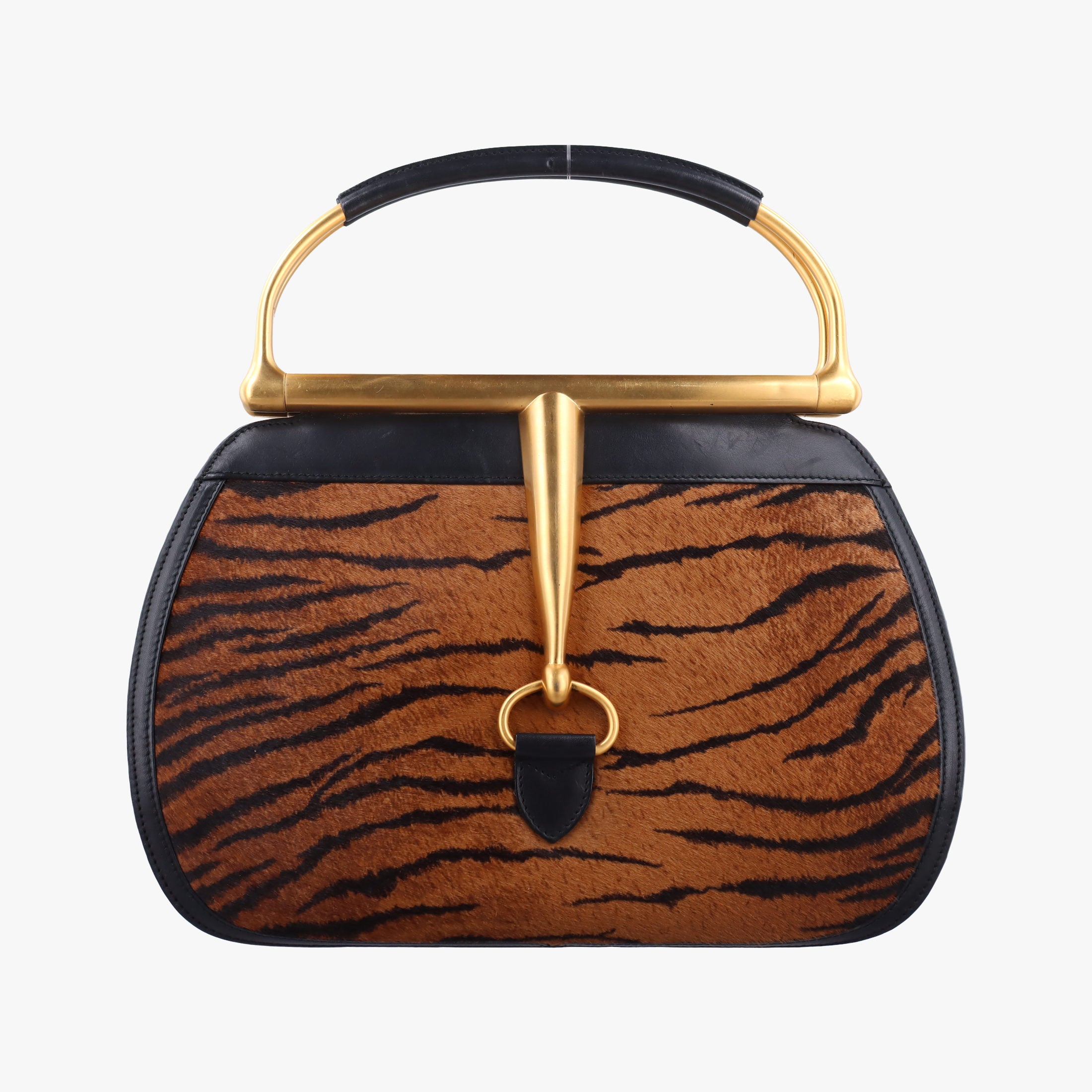 Pre-owned Gucci Maxi Horsebit Black×Brown ponyhair 000.40 handbag | stylenewstar