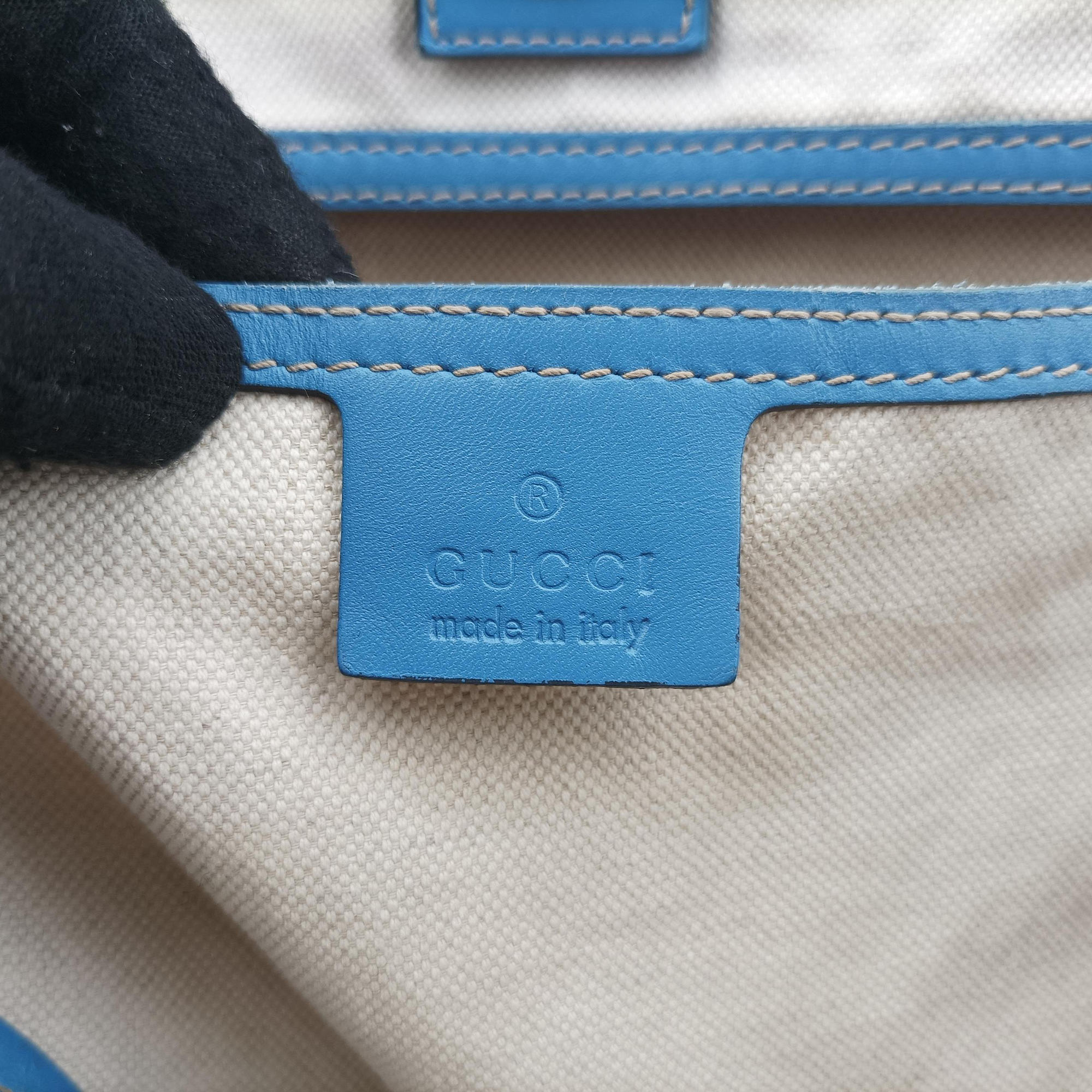 Pre-owned Gucci GG Plus GG Supreme beige×blue PVC coated canvas×Leather 197954 handbag | stylenewstar