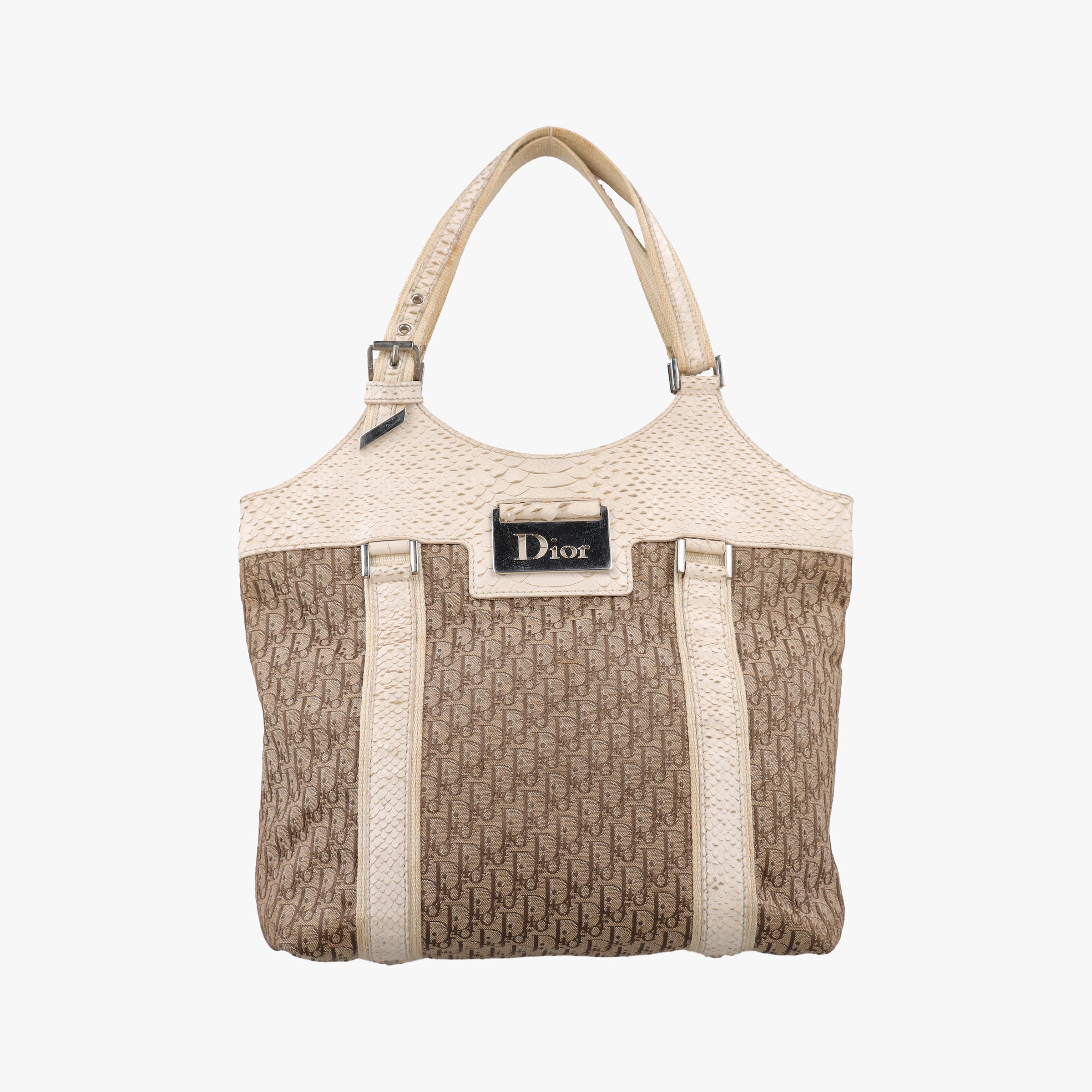 Pre-owned Christian Dior Street Chic Beige x White Canvas x Snake Leather  handbag | stylenewstar