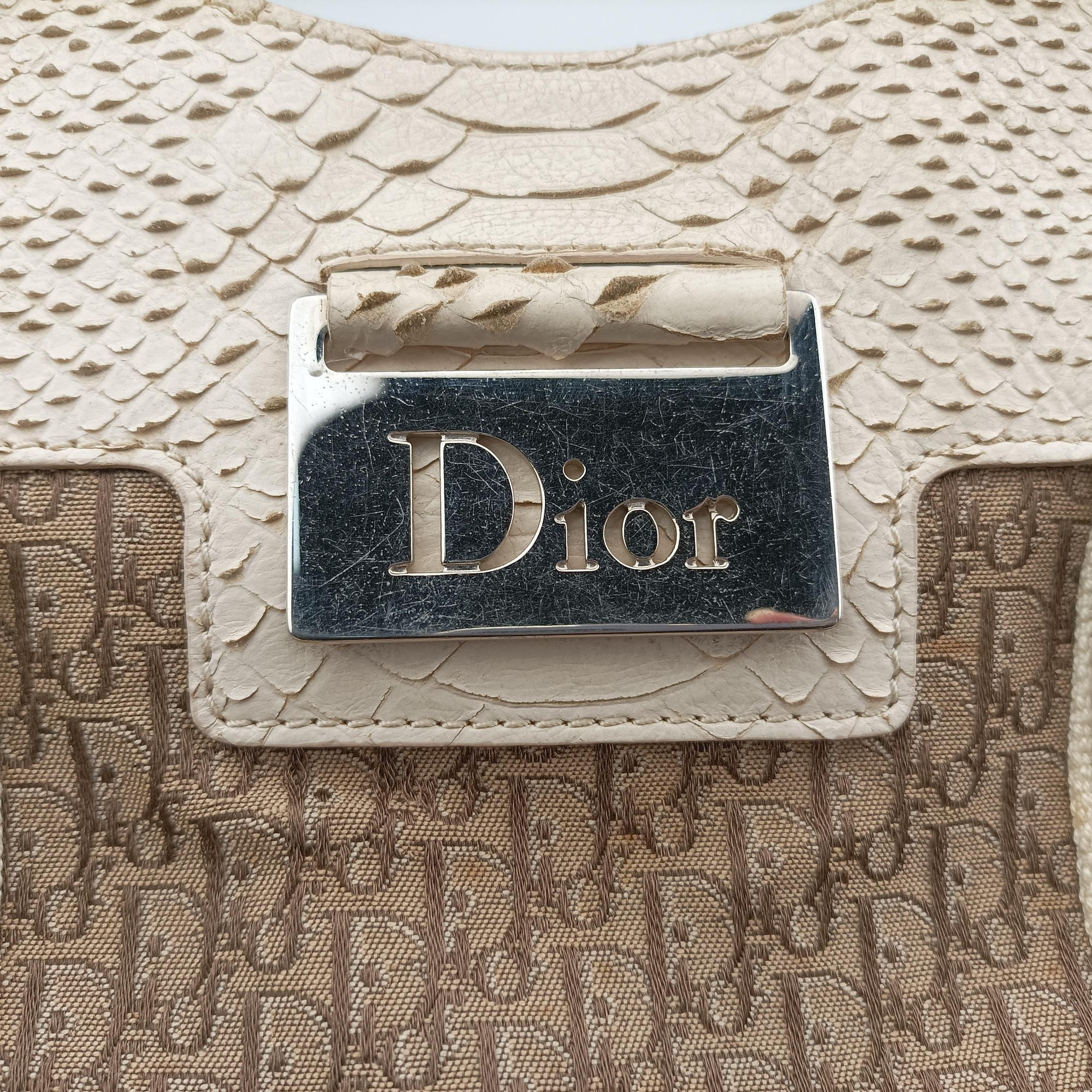 Pre-owned Christian Dior Street Chic Beige x White Canvas x Snake Leather  handbag | stylenewstar
