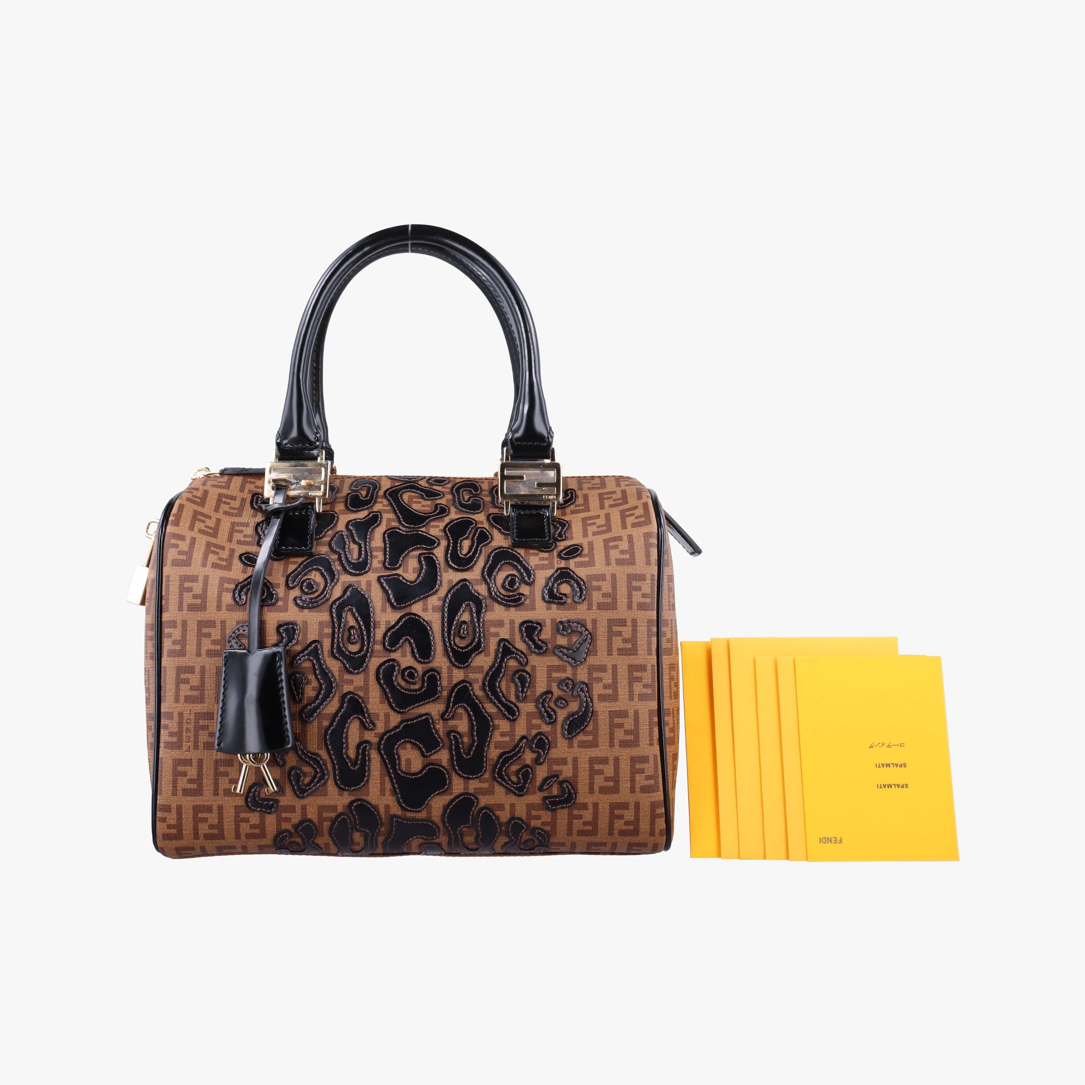 Pre-owned Fendi Zucchino Boston Brown×Black PVC Coated Canvas×Patent 8BL068 handbag | stylenewstar