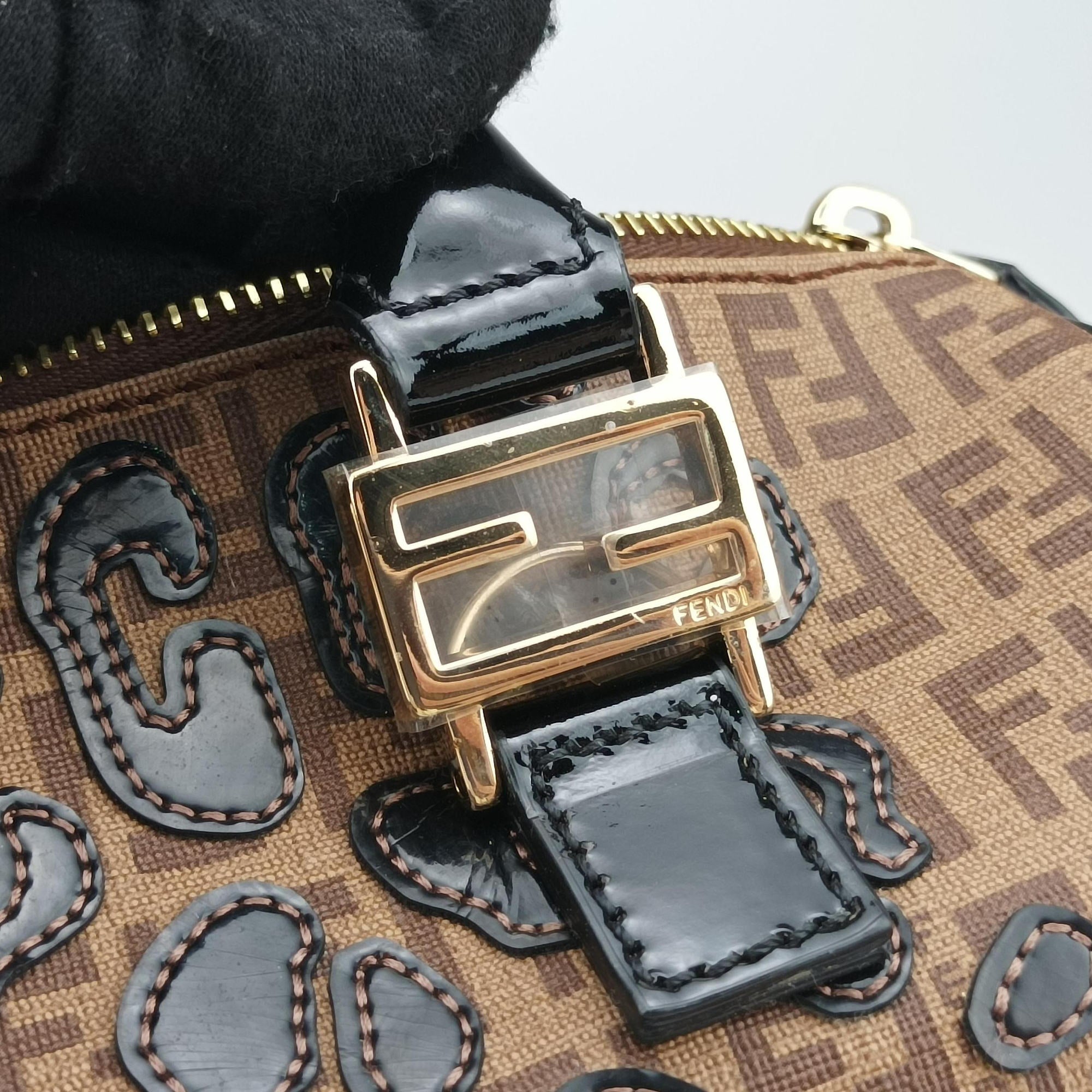 Pre-owned Fendi Zucchino Boston Brown×Black PVC Coated Canvas×Patent 8BL068 handbag | stylenewstar