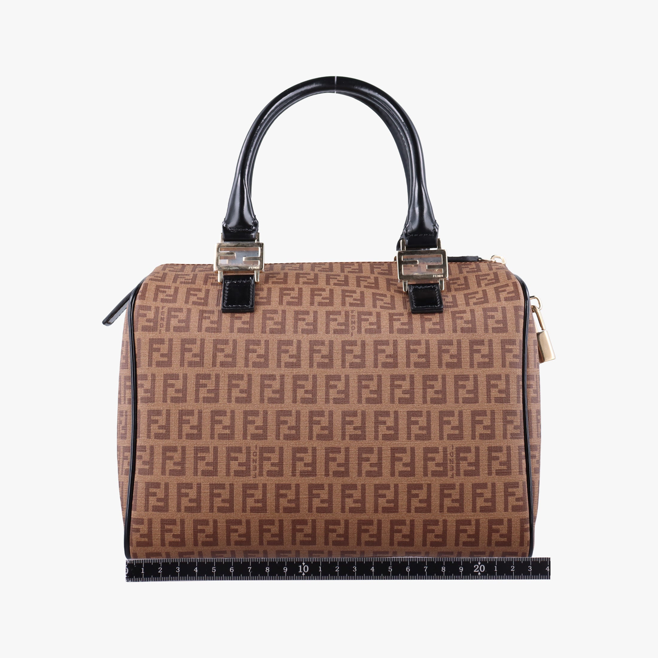 Pre-owned Fendi Zucchino Boston Brown×Black PVC Coated Canvas×Patent 8BL068 handbag | stylenewstar