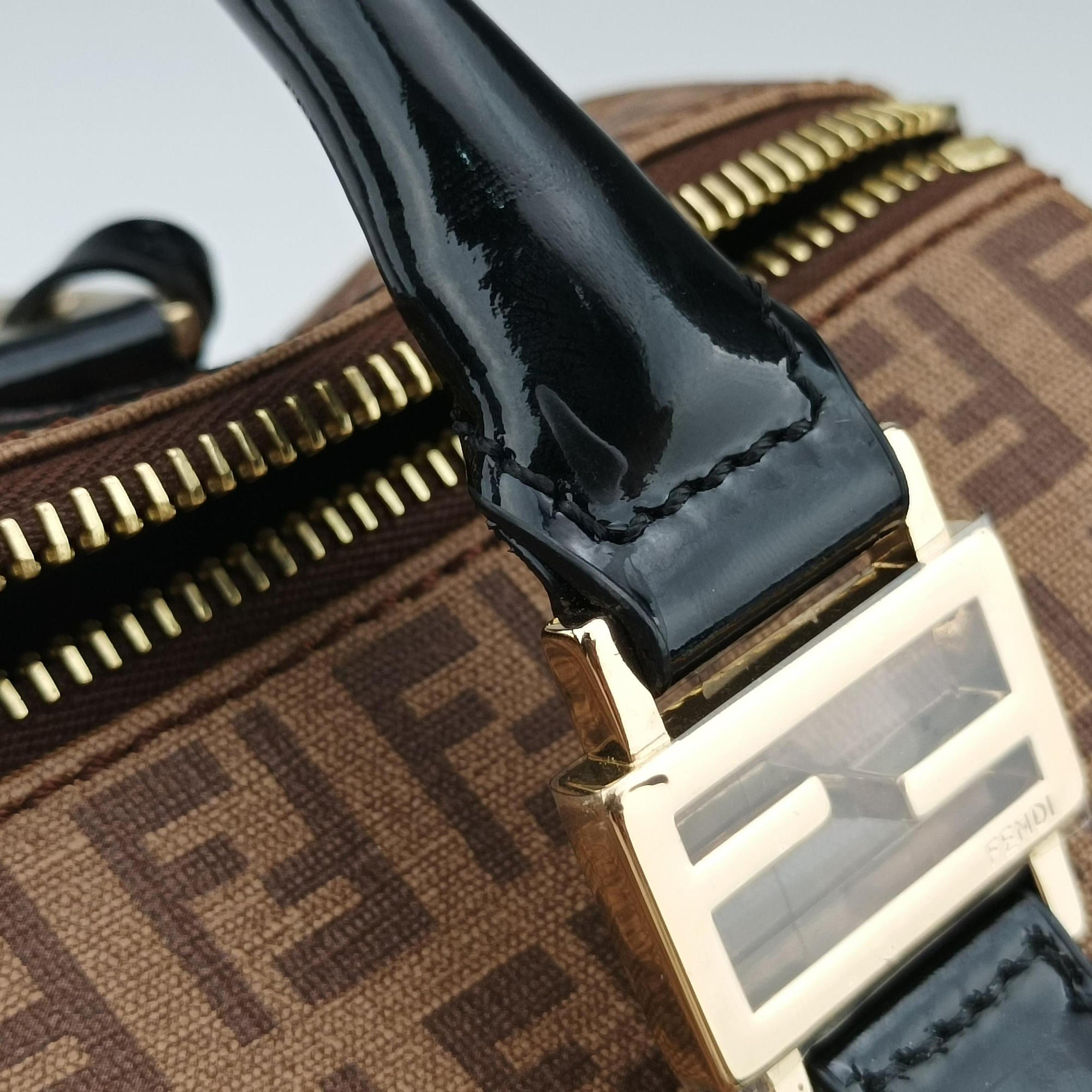 Pre-owned Fendi Zucchino Boston Brown×Black PVC Coated Canvas×Patent 8BL068 handbag | stylenewstar
