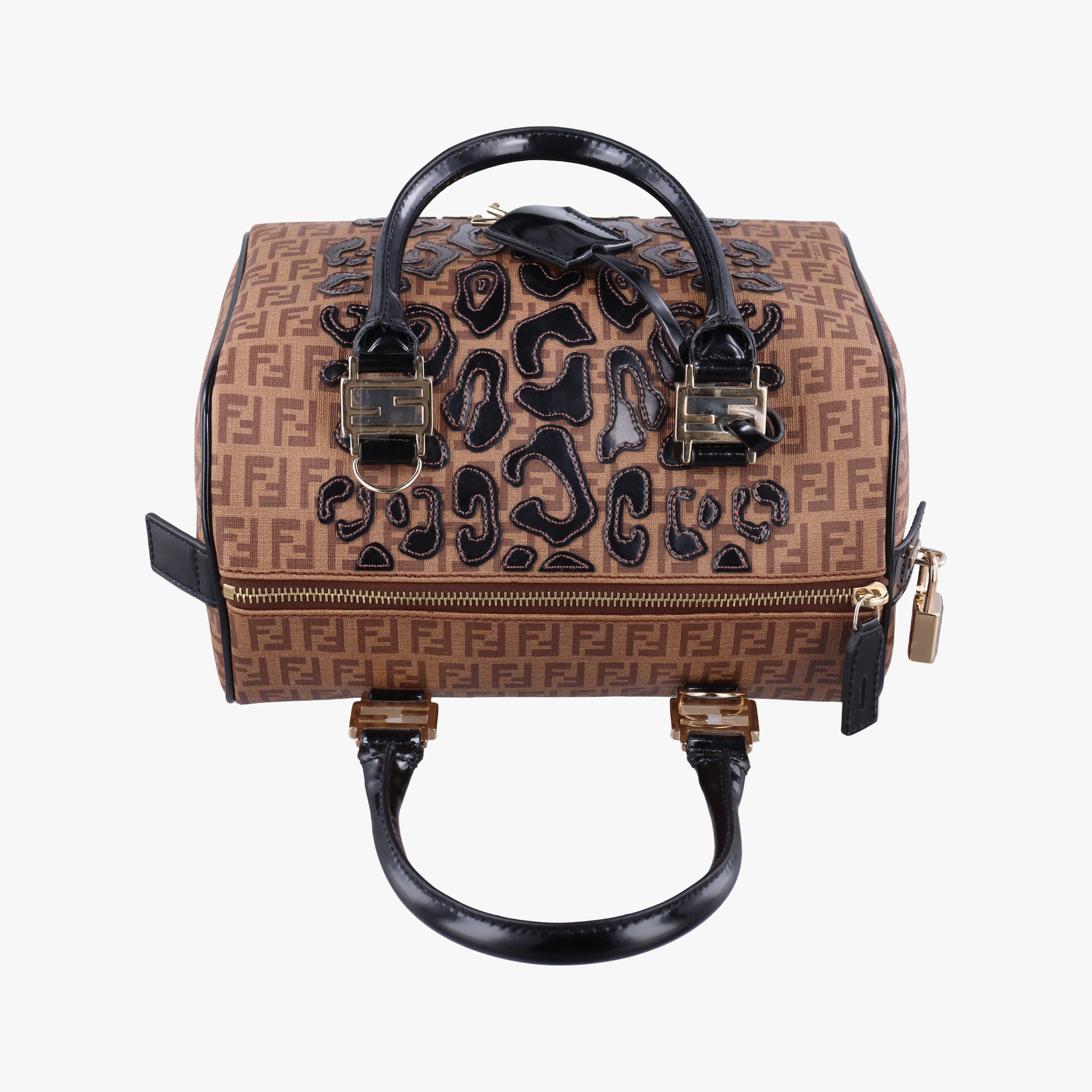 Pre-owned Fendi Zucchino Boston Brown×Black PVC Coated Canvas×Patent 8BL068 handbag | stylenewstar