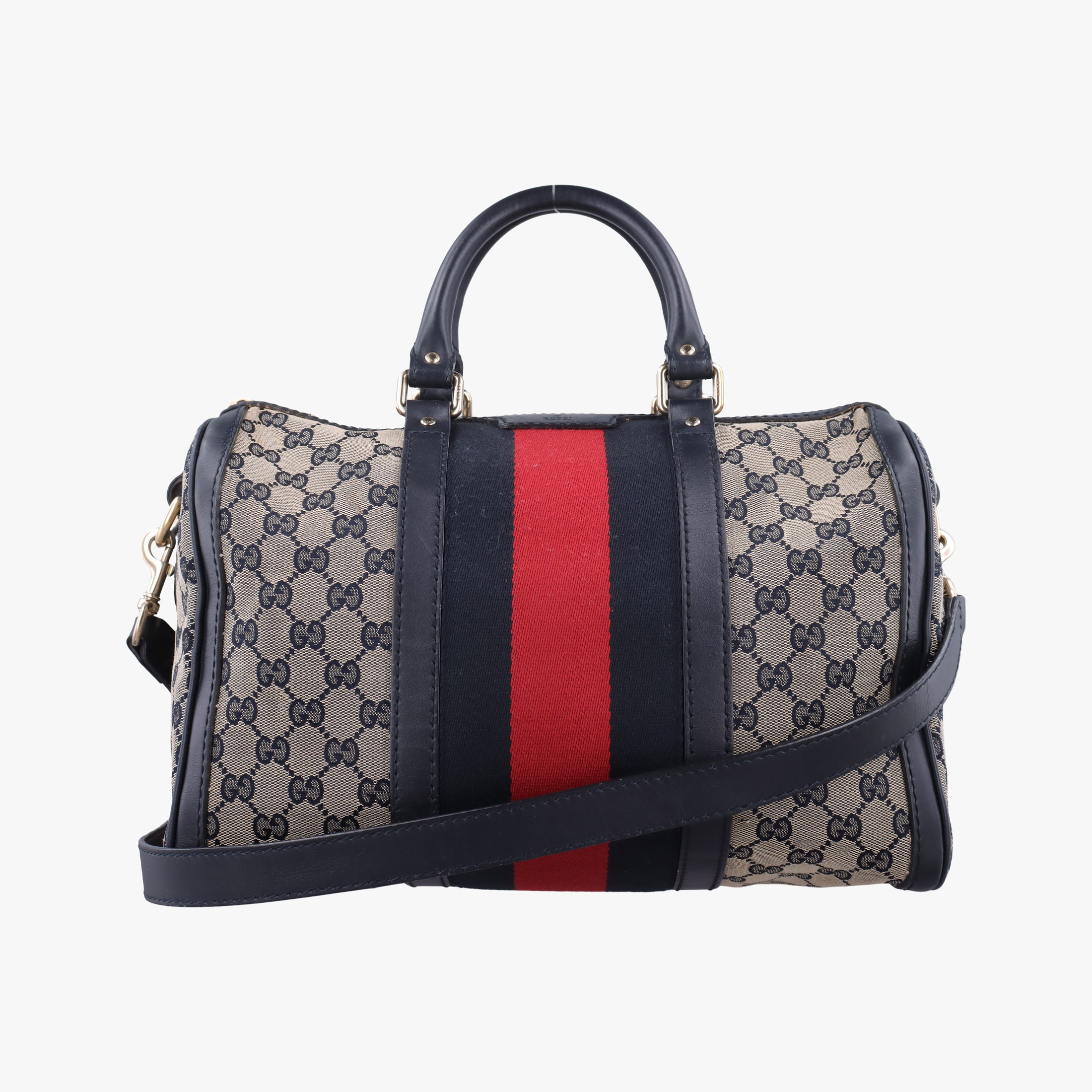 Pre-owned Gucci Sherry Line Navy×red×beige canvas×leather 247205 shoulderbag | stylenewstar