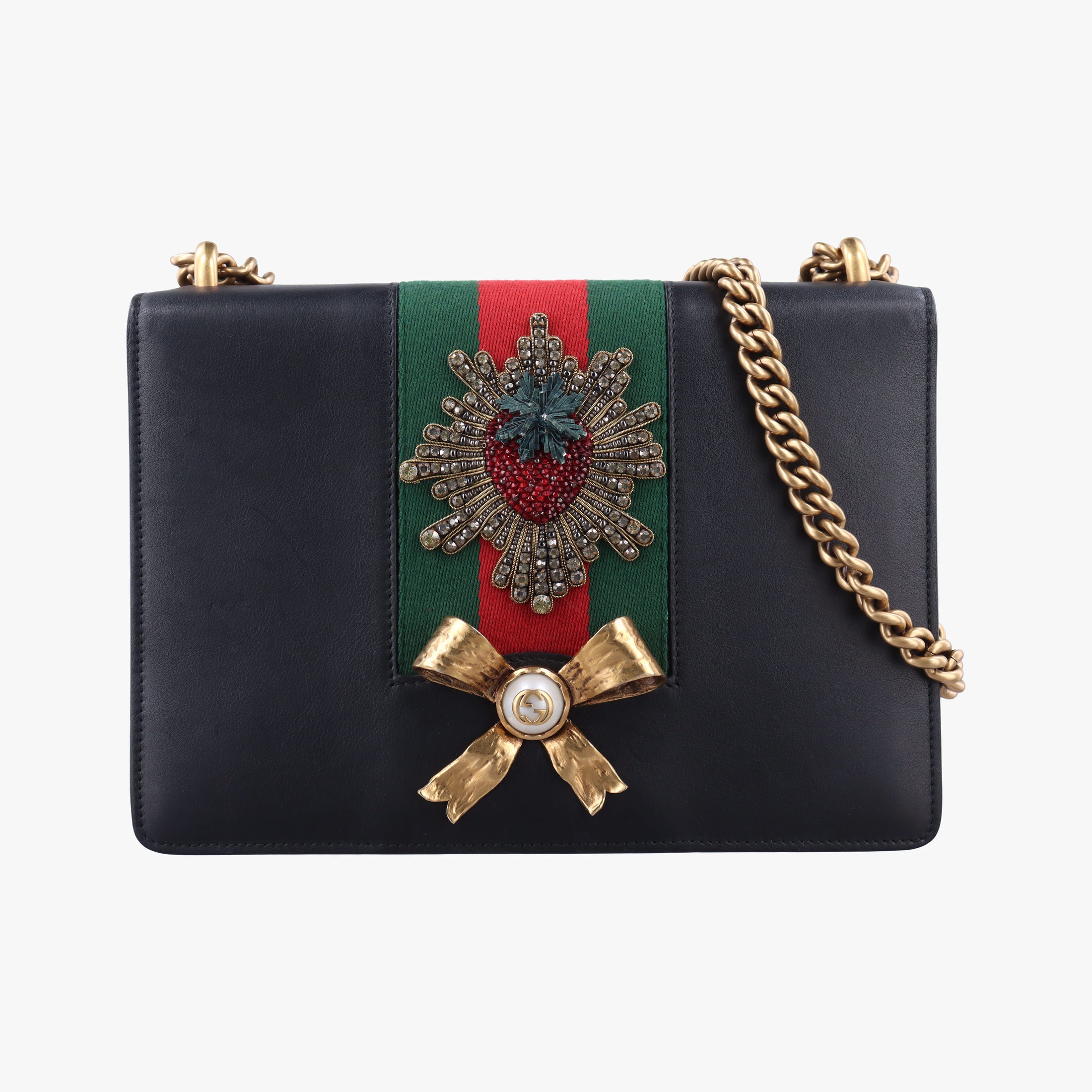 Pre-owned Gucci Peony Strawberry Black×Multicolor Leather 432280 shoulderbag | stylenewstar