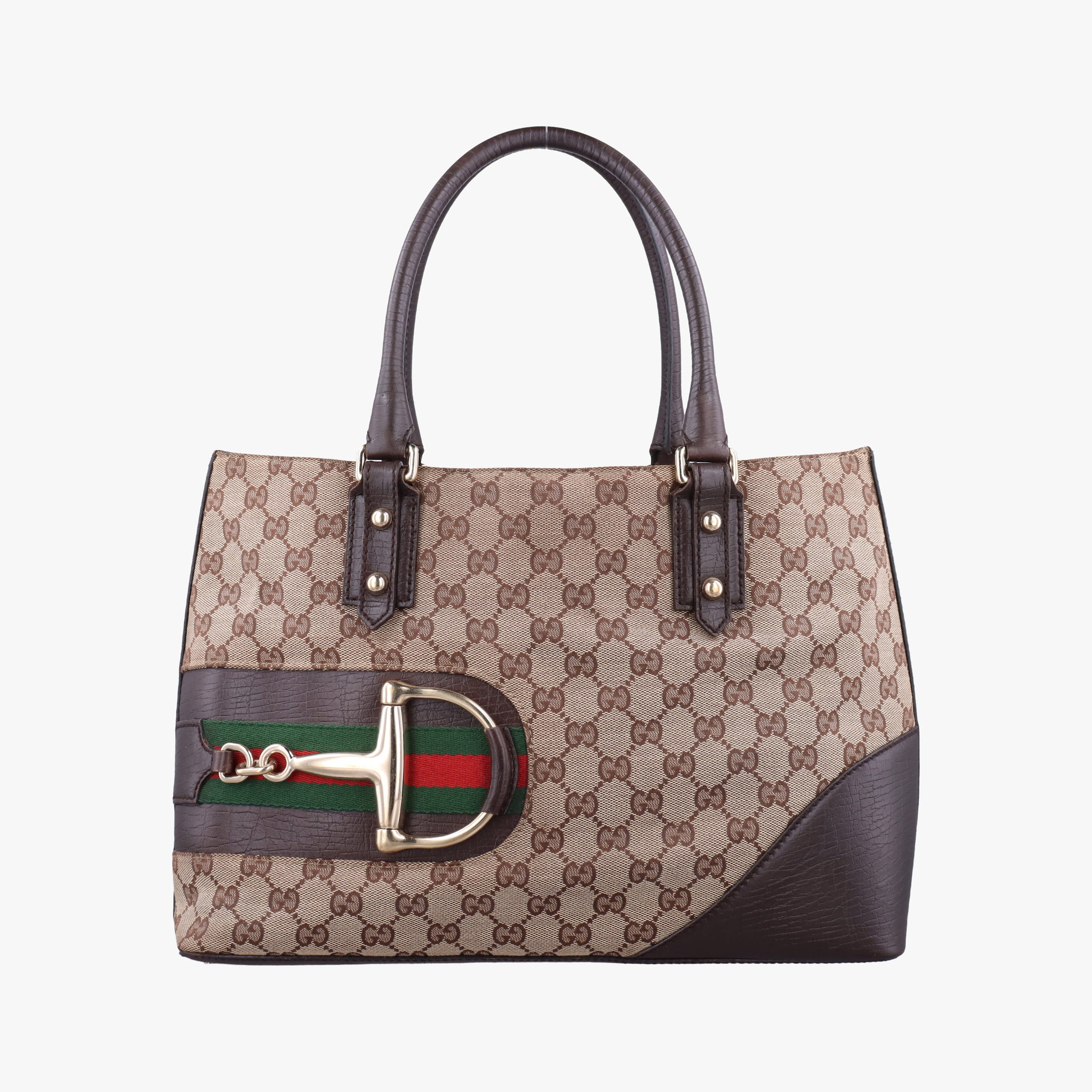 Pre-owned Gucci Horsebit  Hasler beige×Brown canvas×leather 137385 handbag | stylenewstar