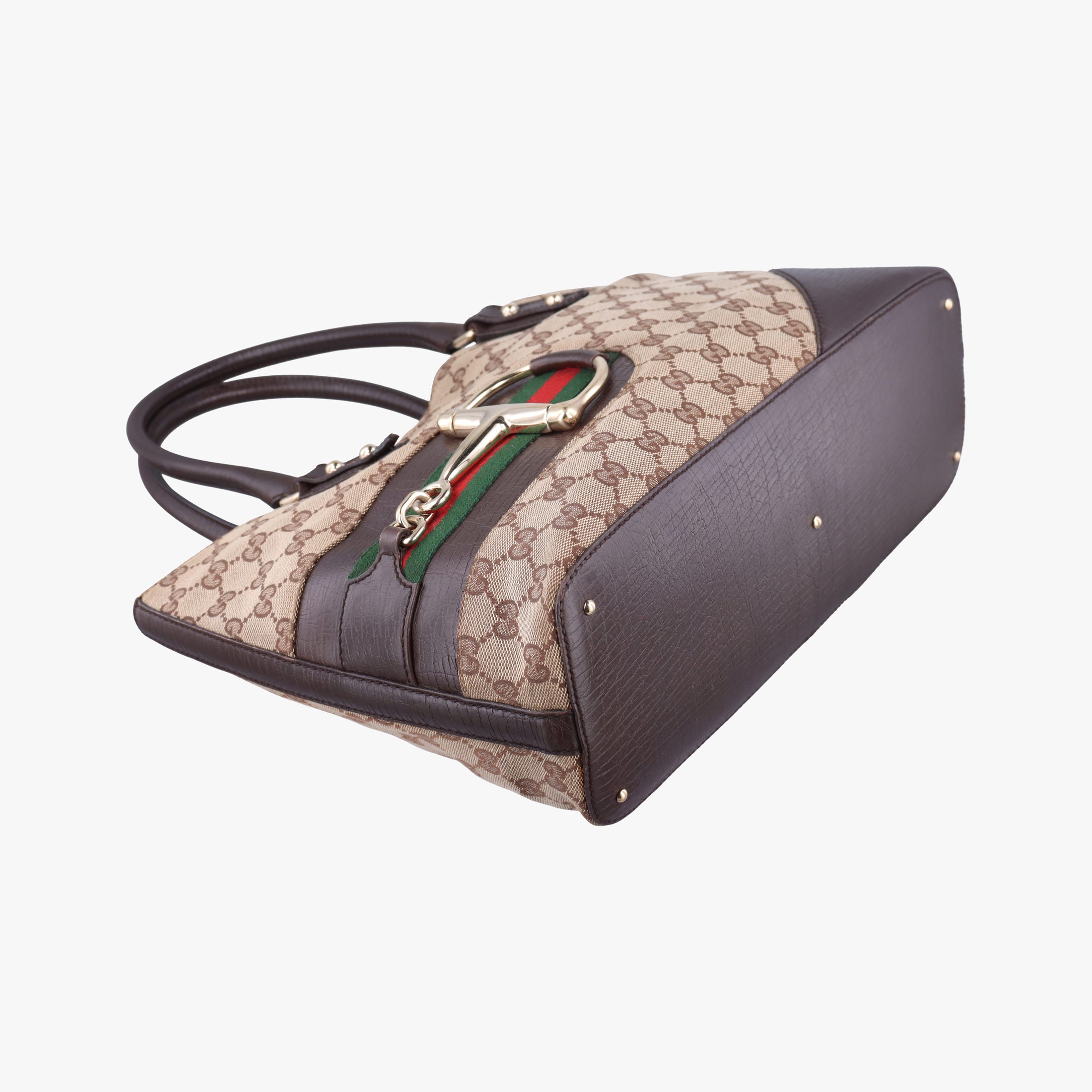 Pre-owned Gucci Horsebit  Hasler beige×Brown canvas×leather 137385 handbag | stylenewstar