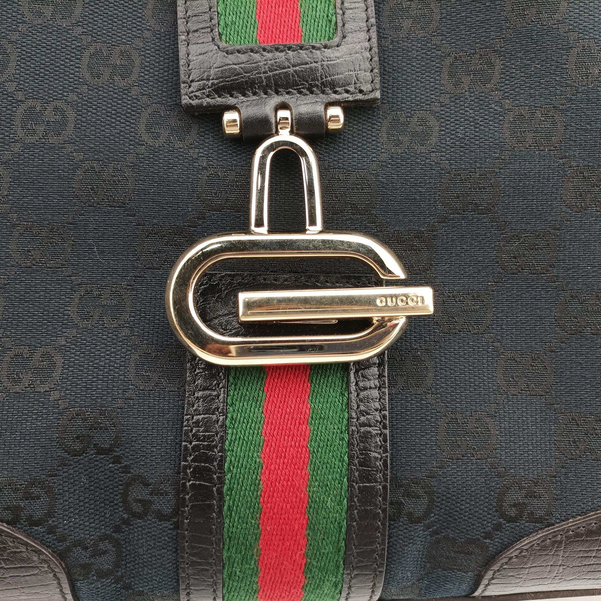 Pre-owned Gucci Junco Sherry Line Black x Red x Green canvas×leather 130995 handbag | stylenewstar