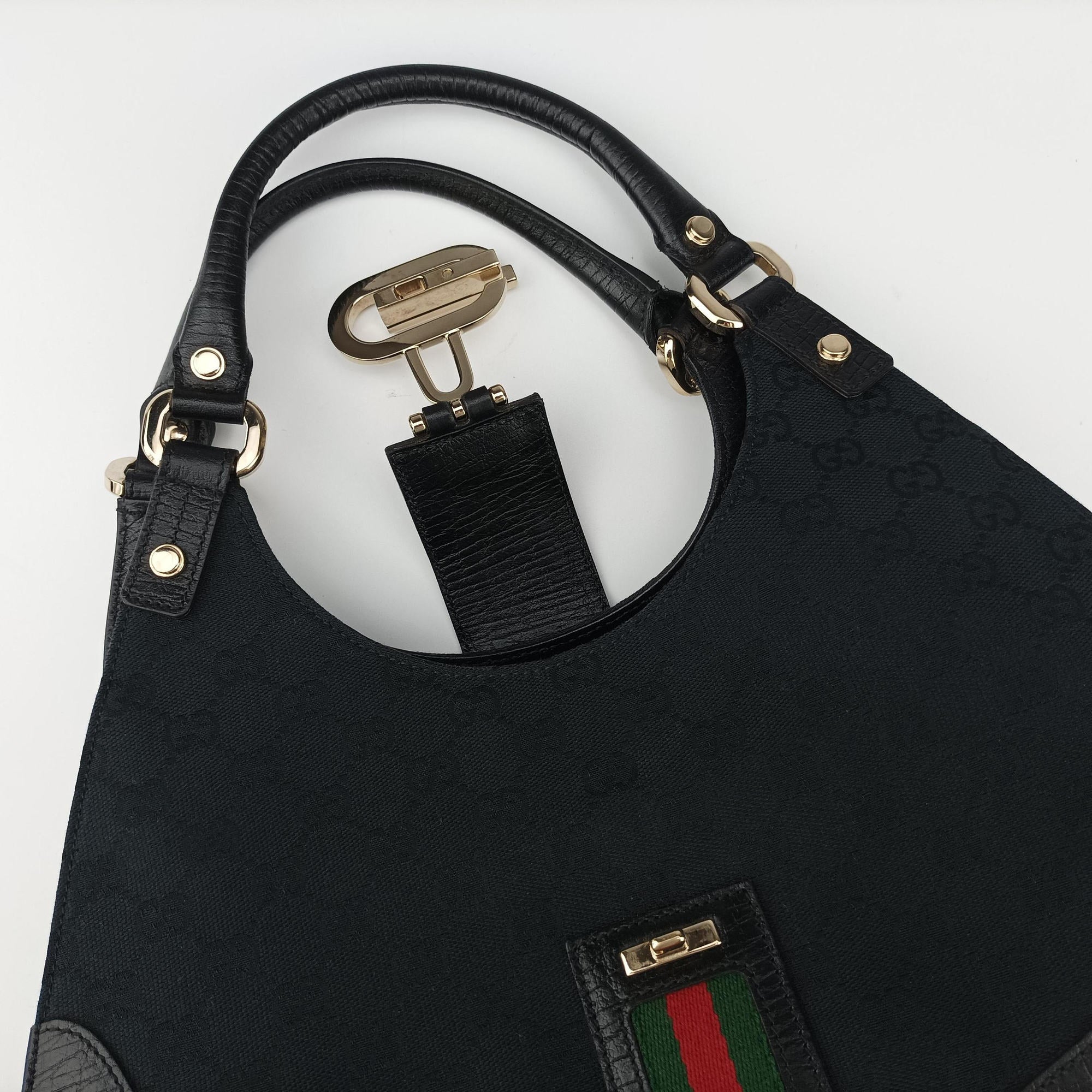 Pre-owned Gucci Junco Sherry Line Black x Red x Green canvas×leather 130995 handbag | stylenewstar