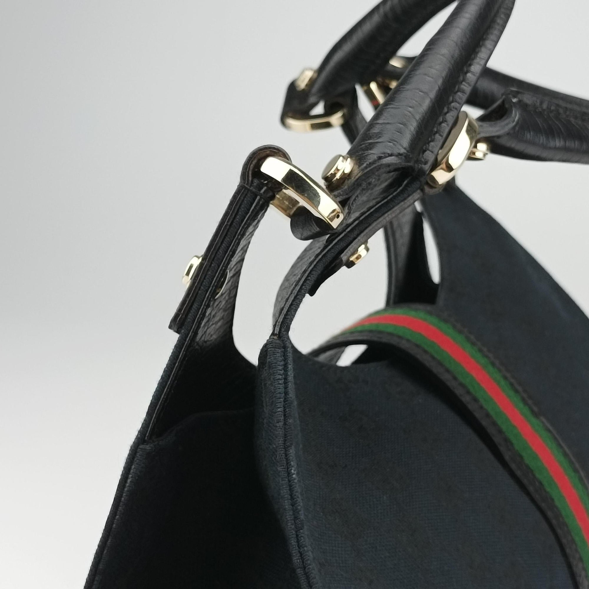Pre-owned Gucci Junco Sherry Line Black x Red x Green canvas×leather 130995 handbag | stylenewstar