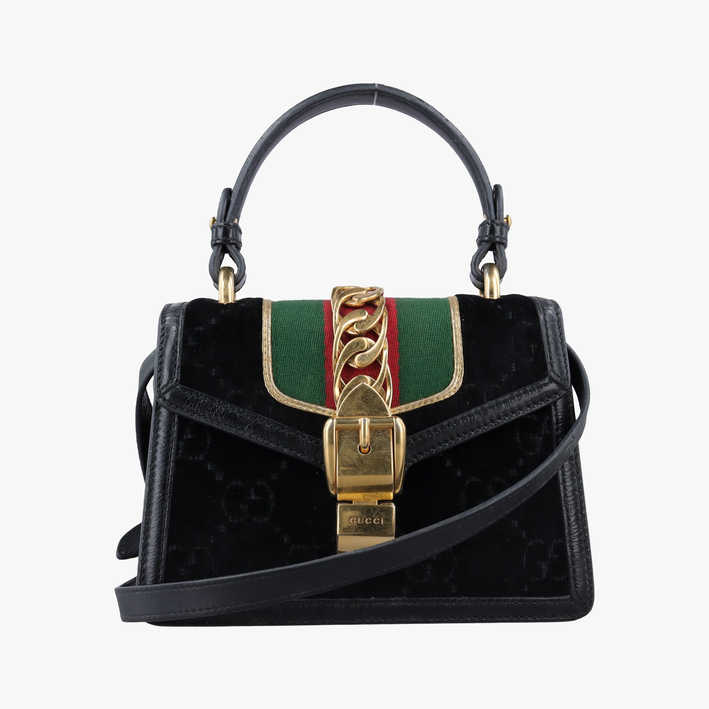 Pre-owned Gucci Sylvie Black×red×green velour×leather 470270 shoulderbag | stylenewstar