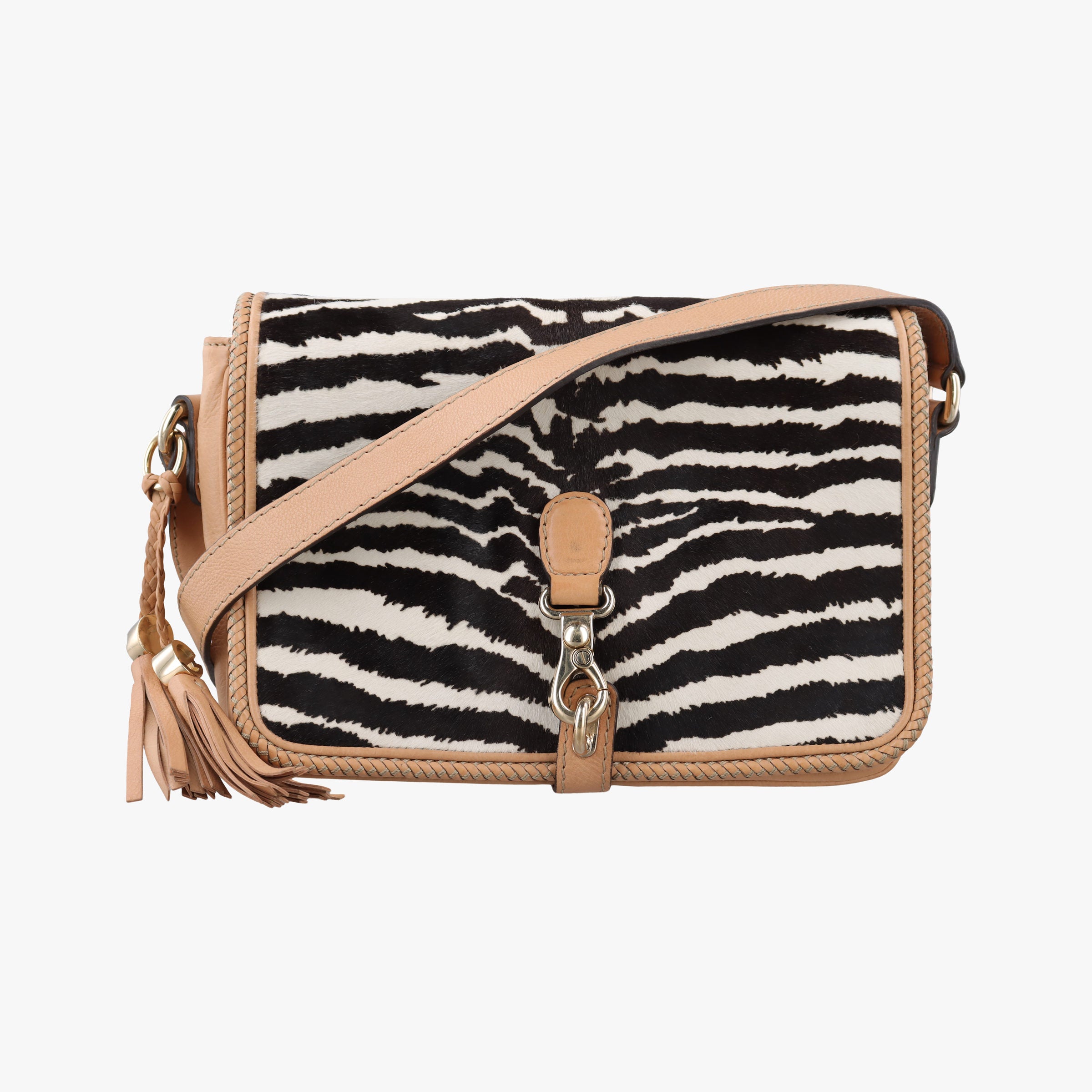 Pre-owned Gucci Marrakech zebra print Beige x Black x White ponyhair×leather 257024 shoulderbag | stylenewstar