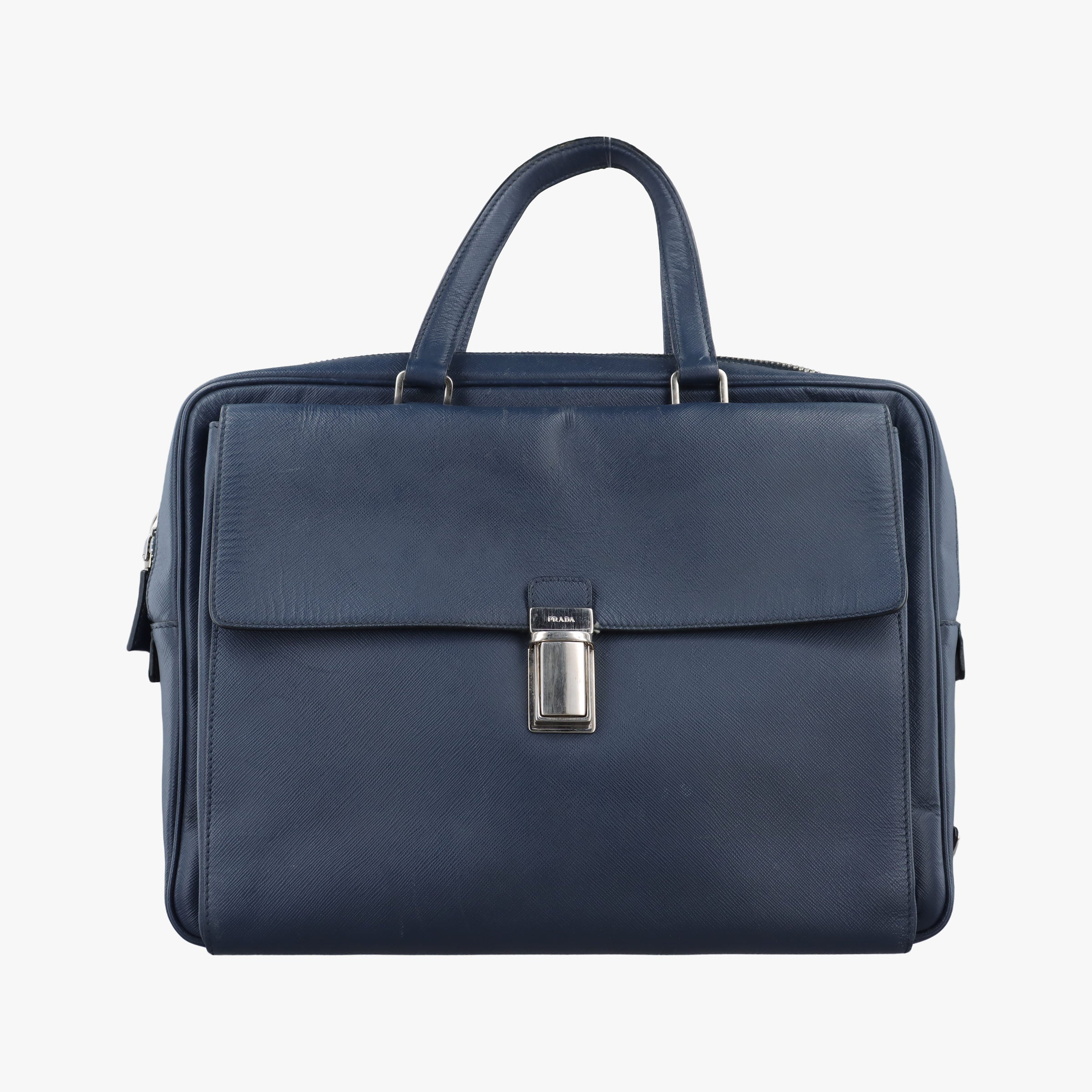 Pre-owned Prada Push-Lock Briefcases Navy Saffiano Leather  handbag | stylenewstar