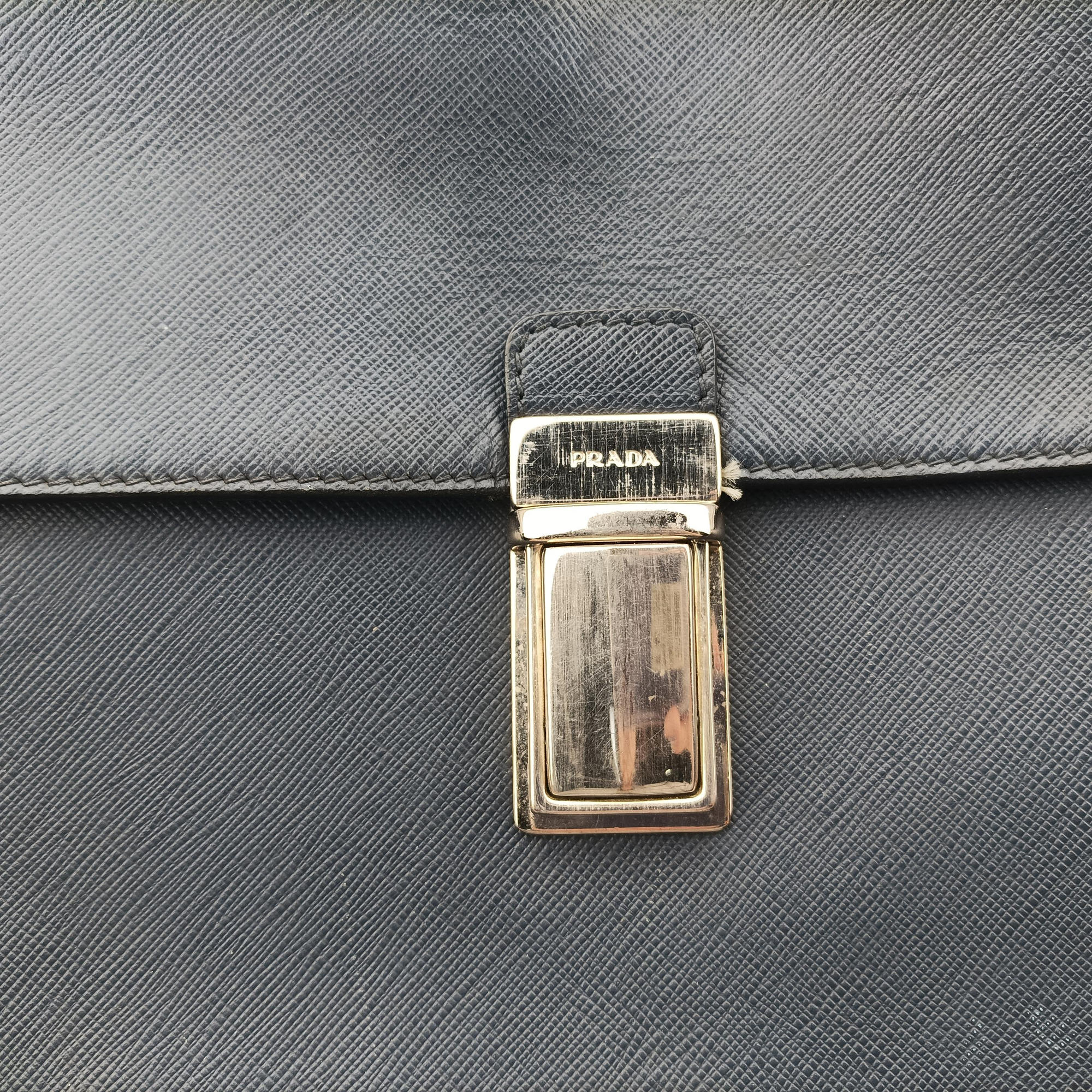Pre-owned Prada Push-Lock Briefcases Navy Saffiano Leather  handbag | stylenewstar