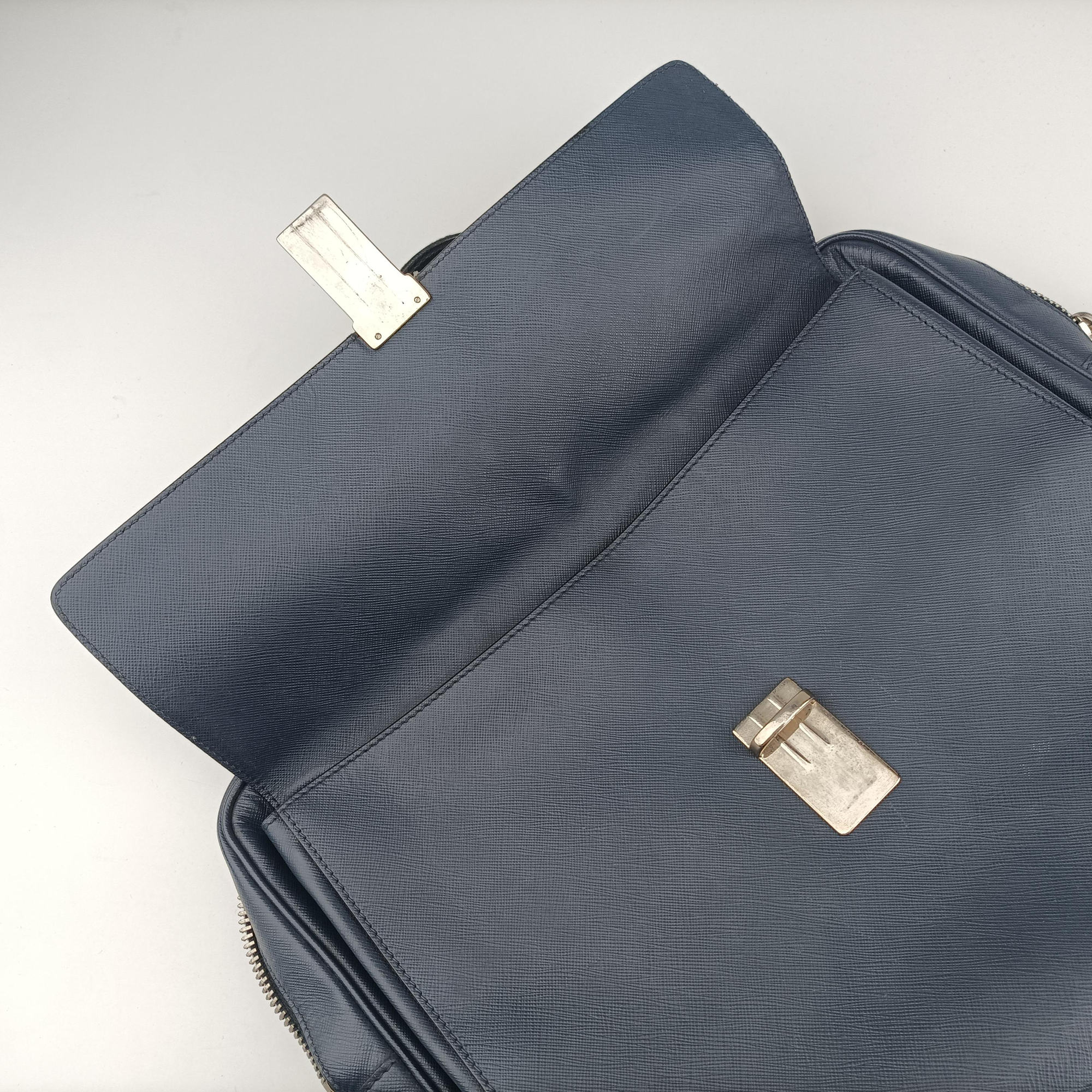 Pre-owned Prada Push-Lock Briefcases Navy Saffiano Leather  handbag | stylenewstar