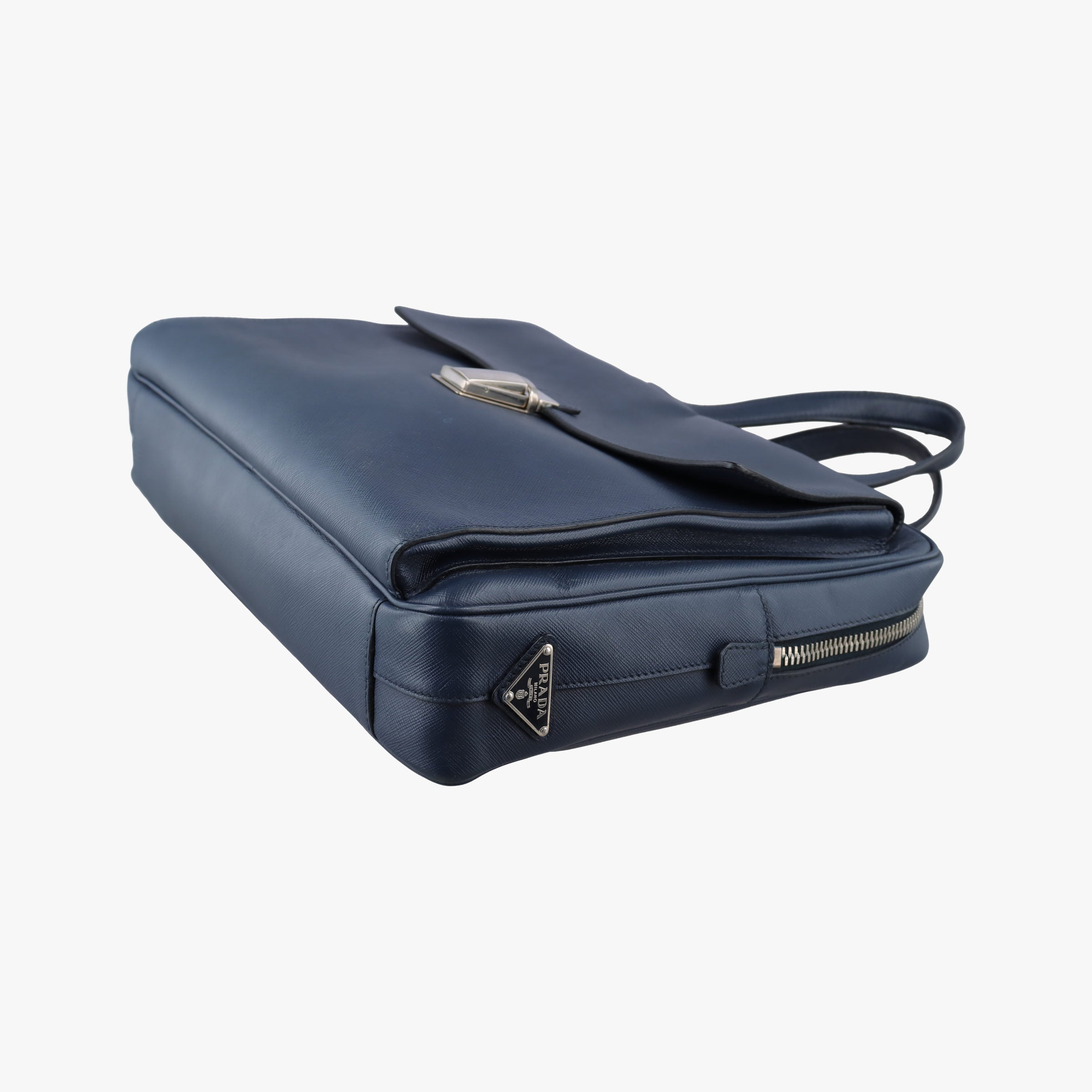 Pre-owned Prada Push-Lock Briefcases Navy Saffiano Leather  handbag | stylenewstar