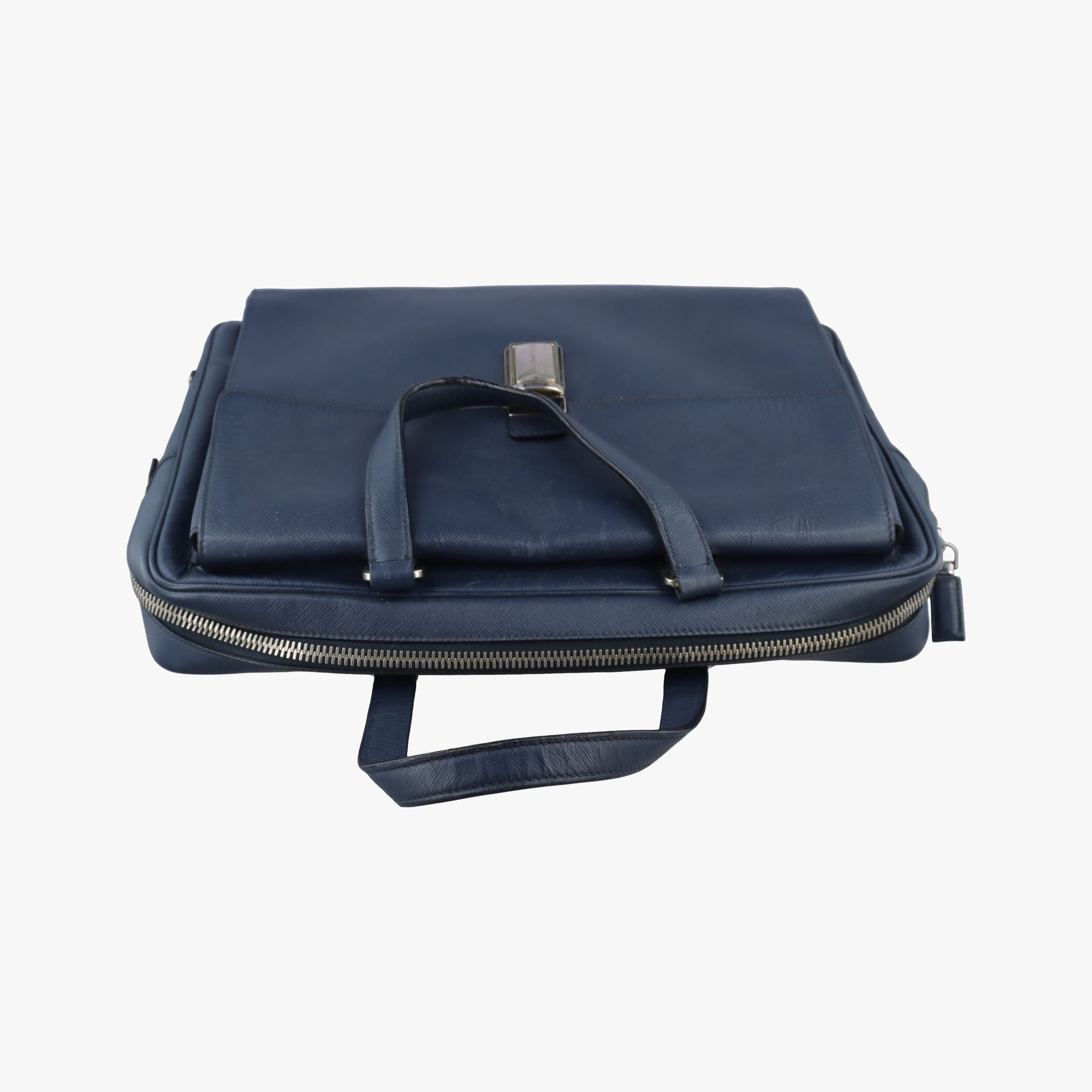 Pre-owned Prada Push-Lock Briefcases Navy Saffiano Leather  handbag | stylenewstar