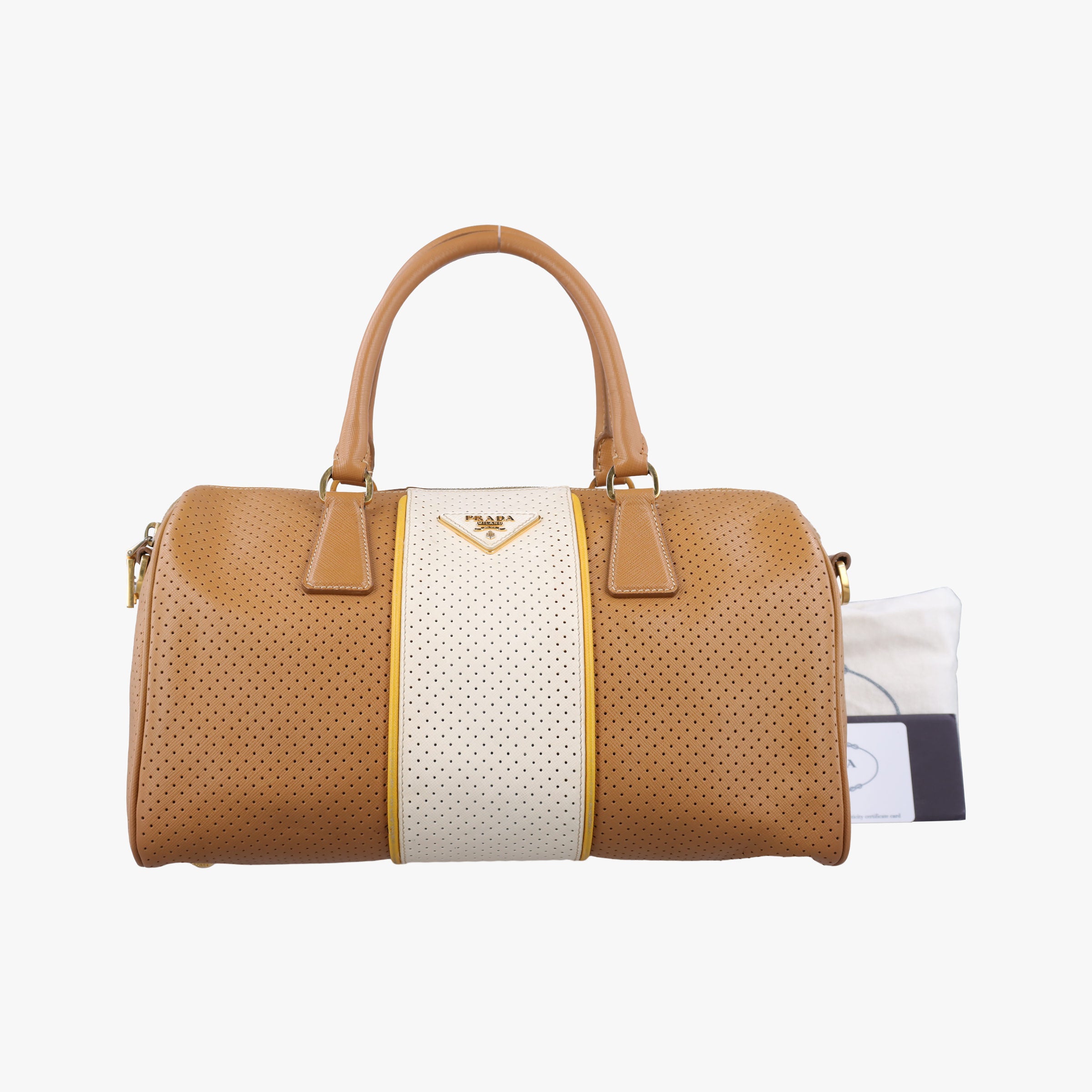 Pre-owned Prada Fori Boston Beige × White leather BL0649 handbag | stylenewstar