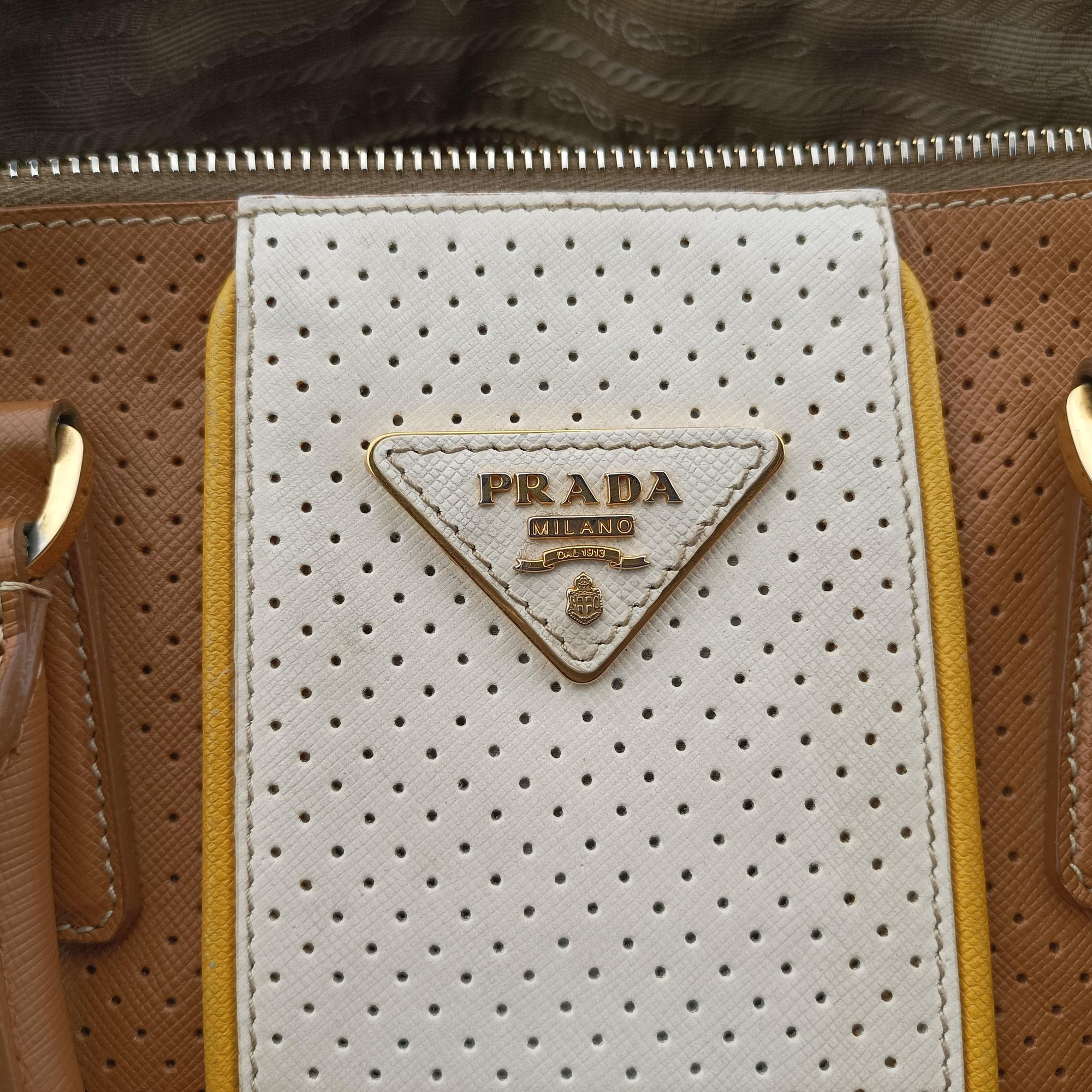 Pre-owned Prada Fori Boston Beige × White leather BL0649 handbag | stylenewstar