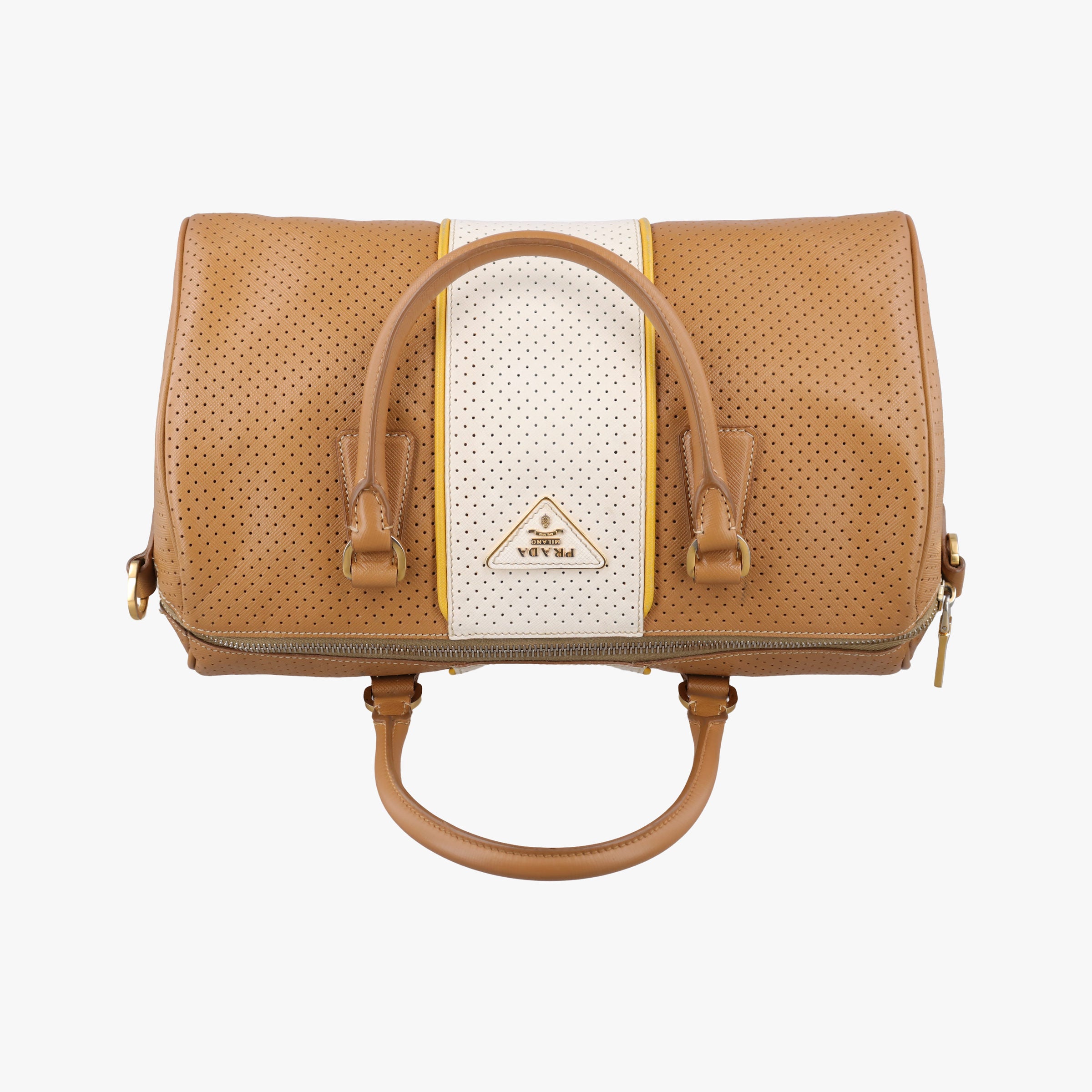 Pre-owned Prada Fori Boston Beige × White leather BL0649 handbag | stylenewstar