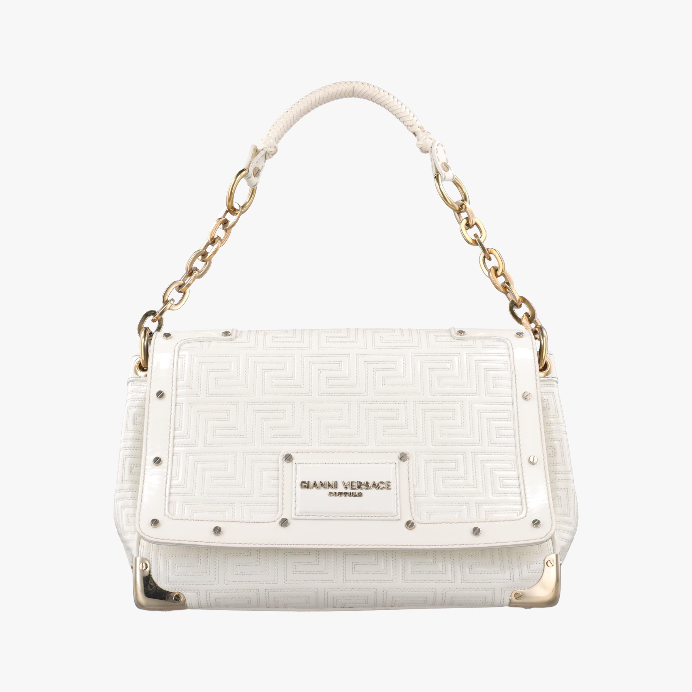 Pre-owned VERSACE Couture thick flap chain White patent  shoulderbag | stylenewstar