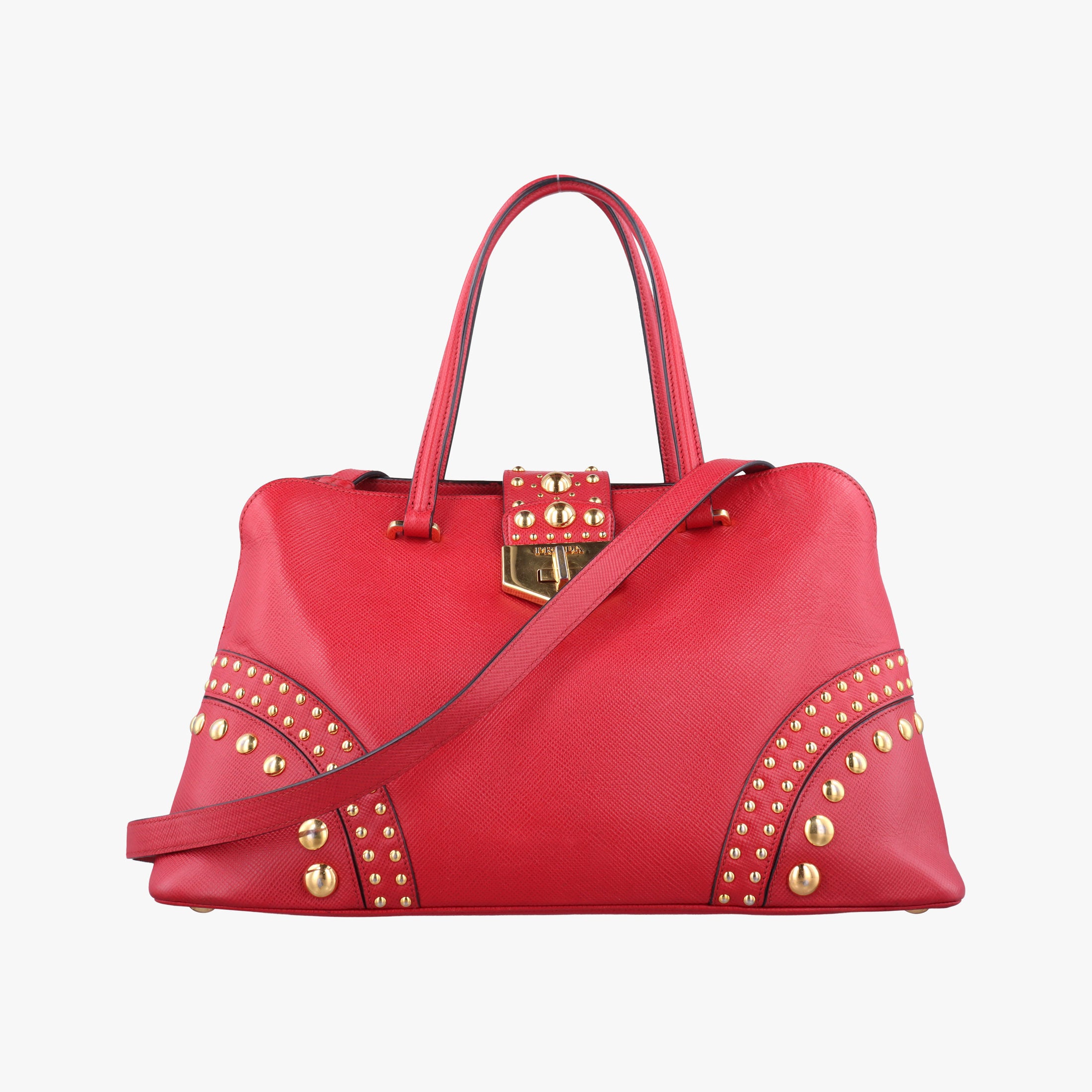Pre-owned Prada Promenade Studded Red SAFFIANO Leather BN2753 shoulderbag | stylenewstar