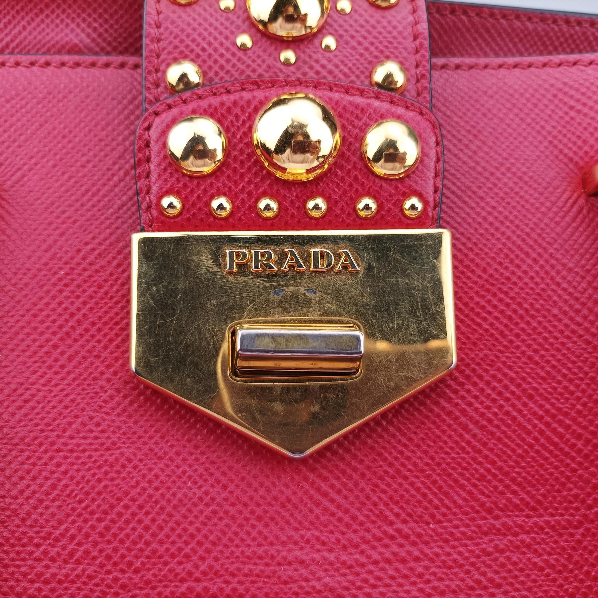 Pre-owned Prada Promenade Studded Red SAFFIANO Leather BN2753 shoulderbag | stylenewstar