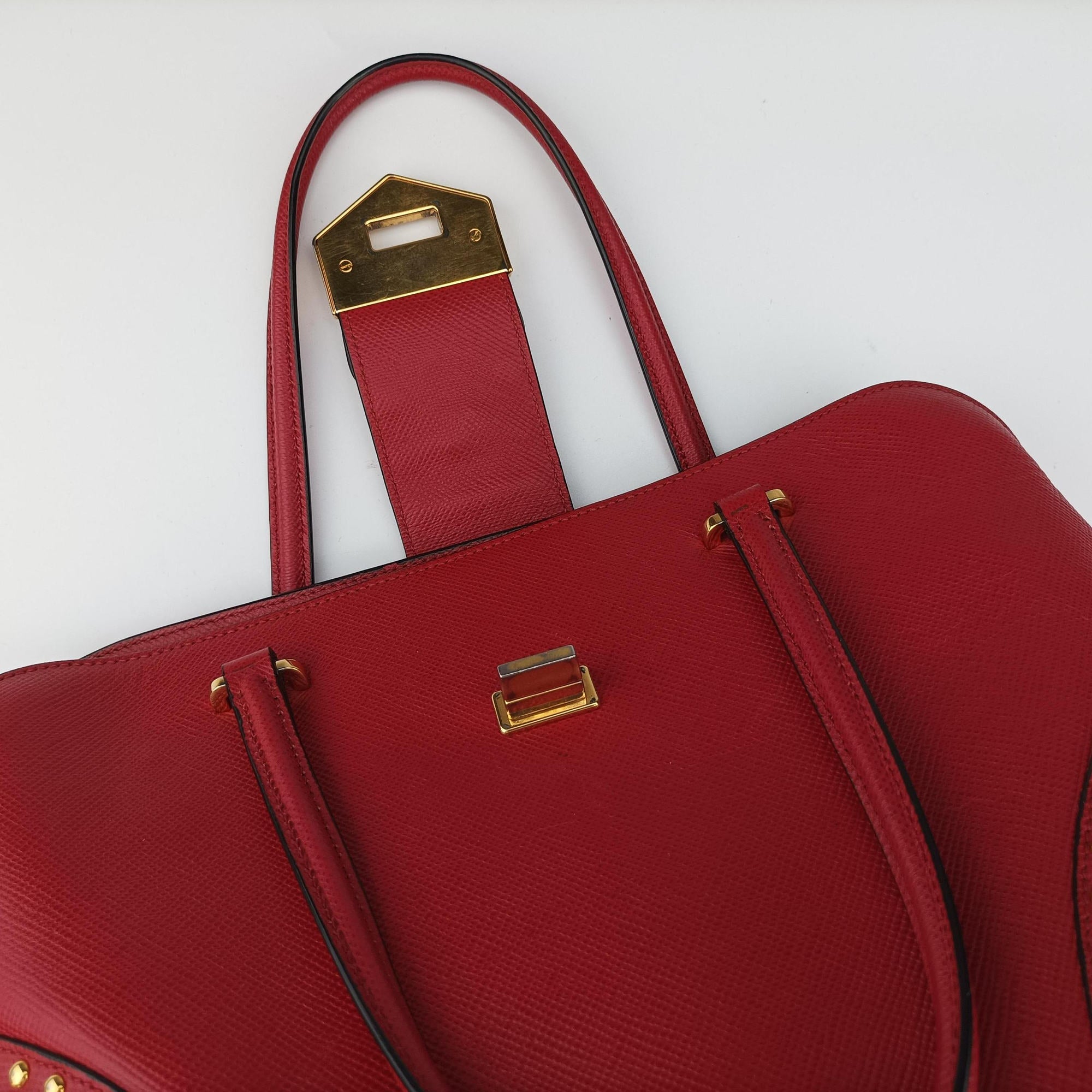 Pre-owned Prada Promenade Studded Red SAFFIANO Leather BN2753 shoulderbag | stylenewstar