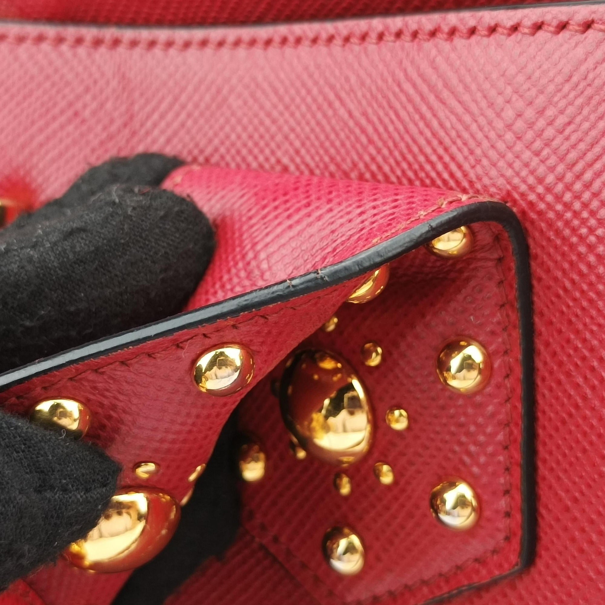 Pre-owned Prada Promenade Studded Red SAFFIANO Leather BN2753 shoulderbag | stylenewstar