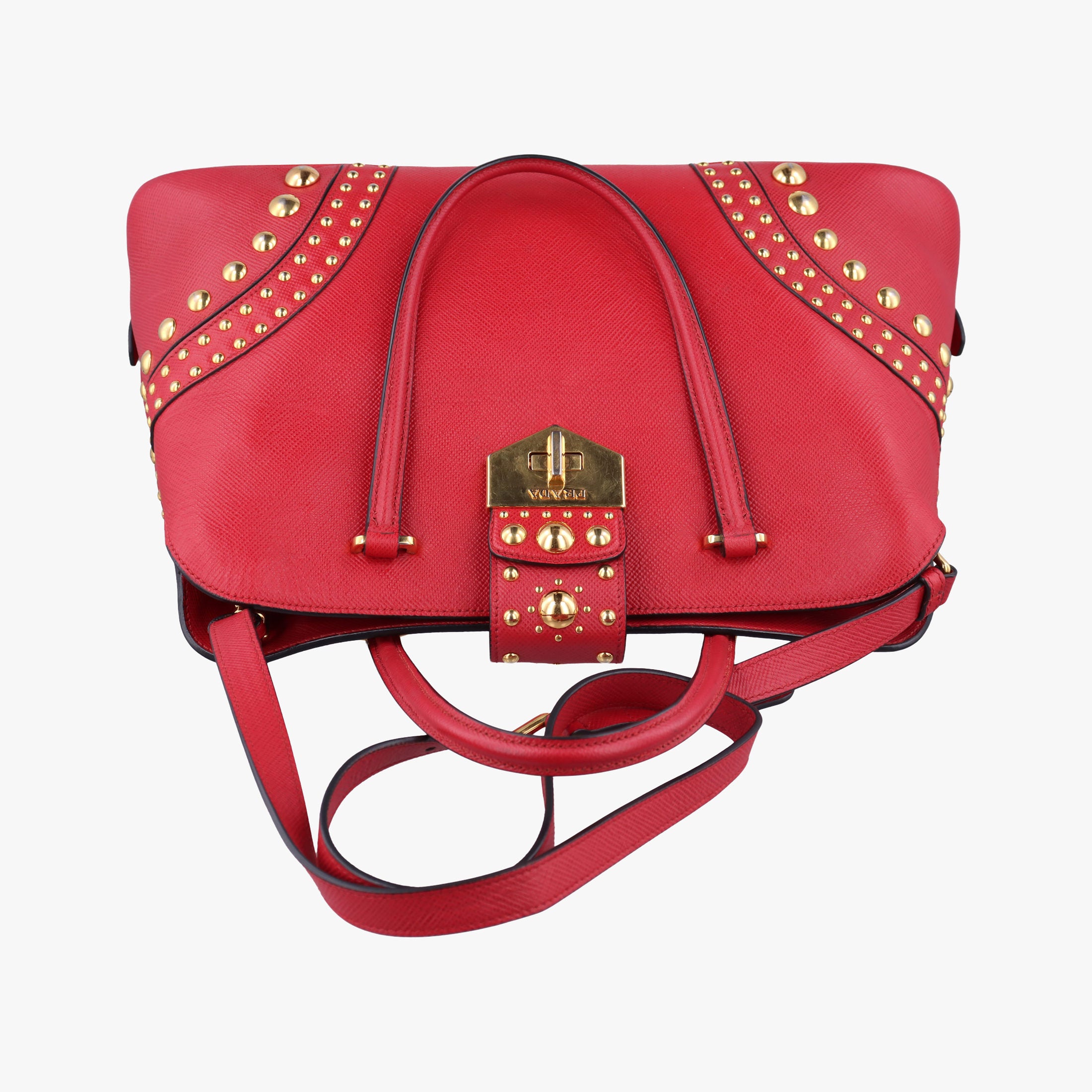 Pre-owned Prada Promenade Studded Red SAFFIANO Leather BN2753 shoulderbag | stylenewstar