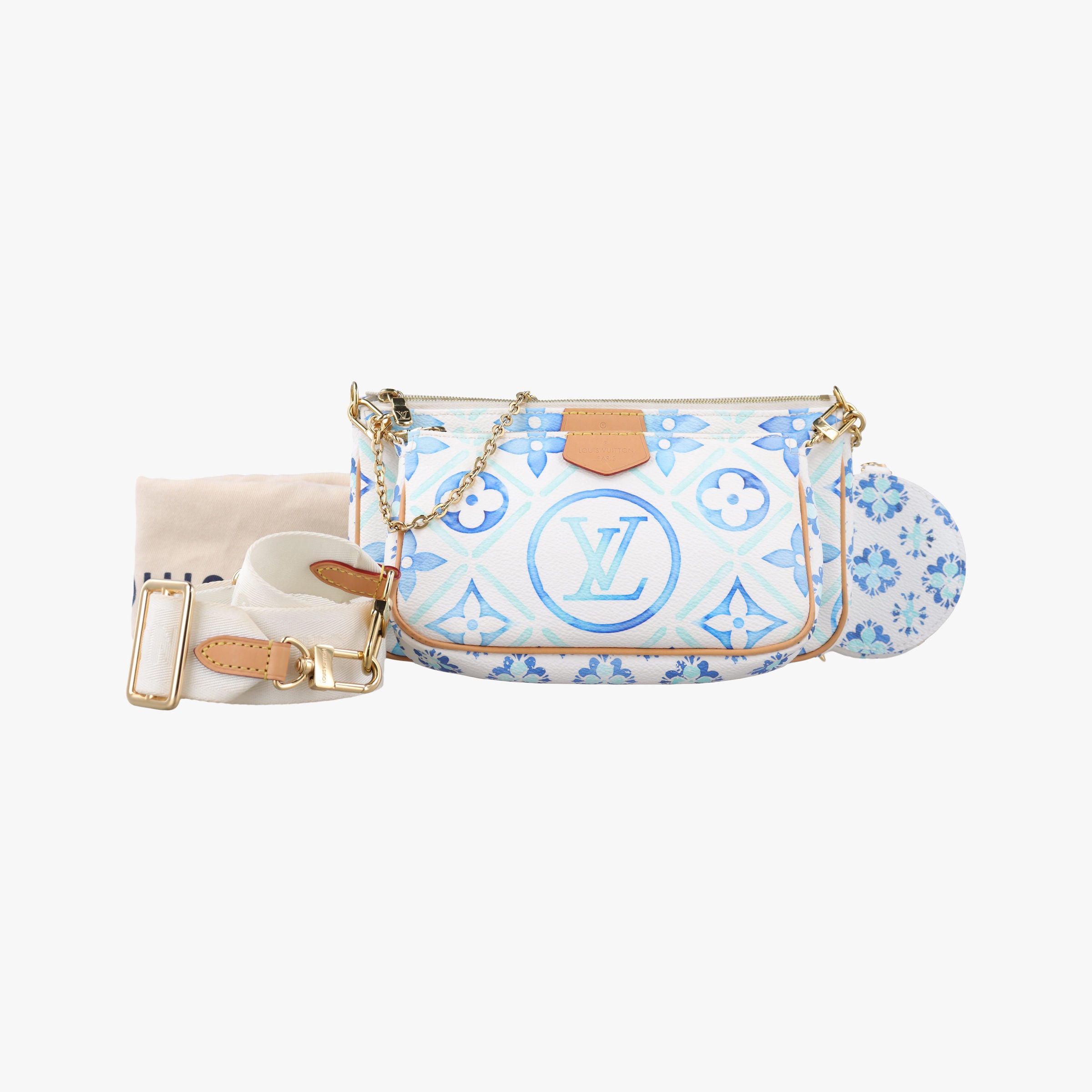 Pre-owned Louis Vuitton MULTI POCHETTE ACCESSOIRES White x Blue x Beige Monogram Tile Canvas M25374 shoulderbag | stylenewstar