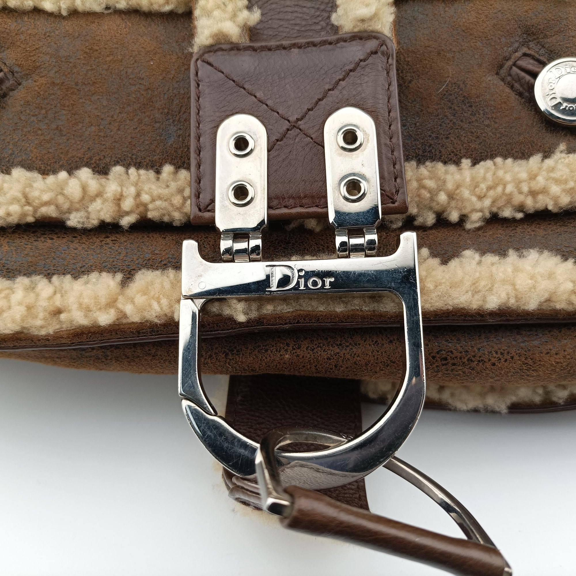 Pre-owned Christian Dior Flight brown x beige Leather x Mouton  shoulderbag | stylenewstar