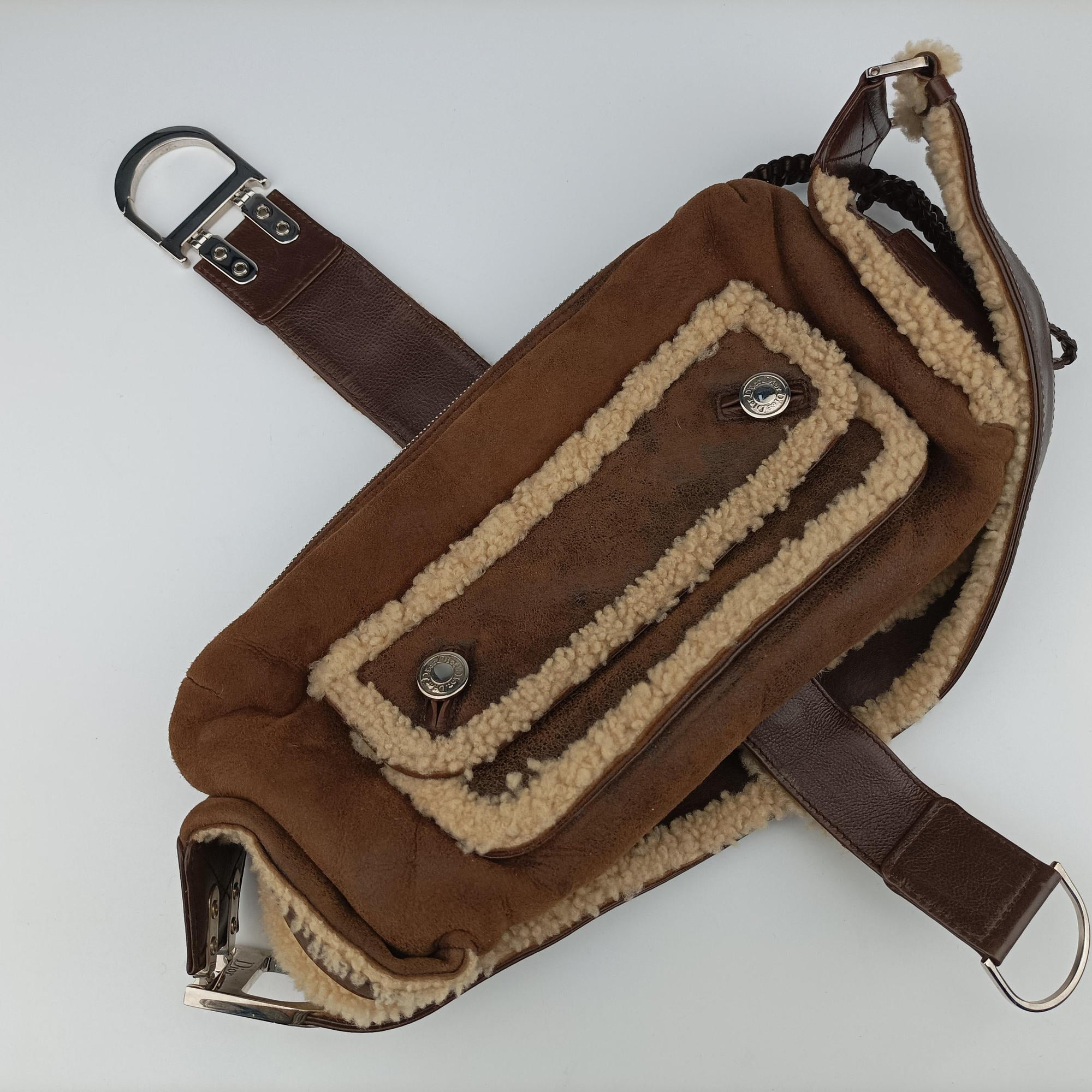 Pre-owned Christian Dior Flight brown x beige Leather x Mouton  shoulderbag | stylenewstar