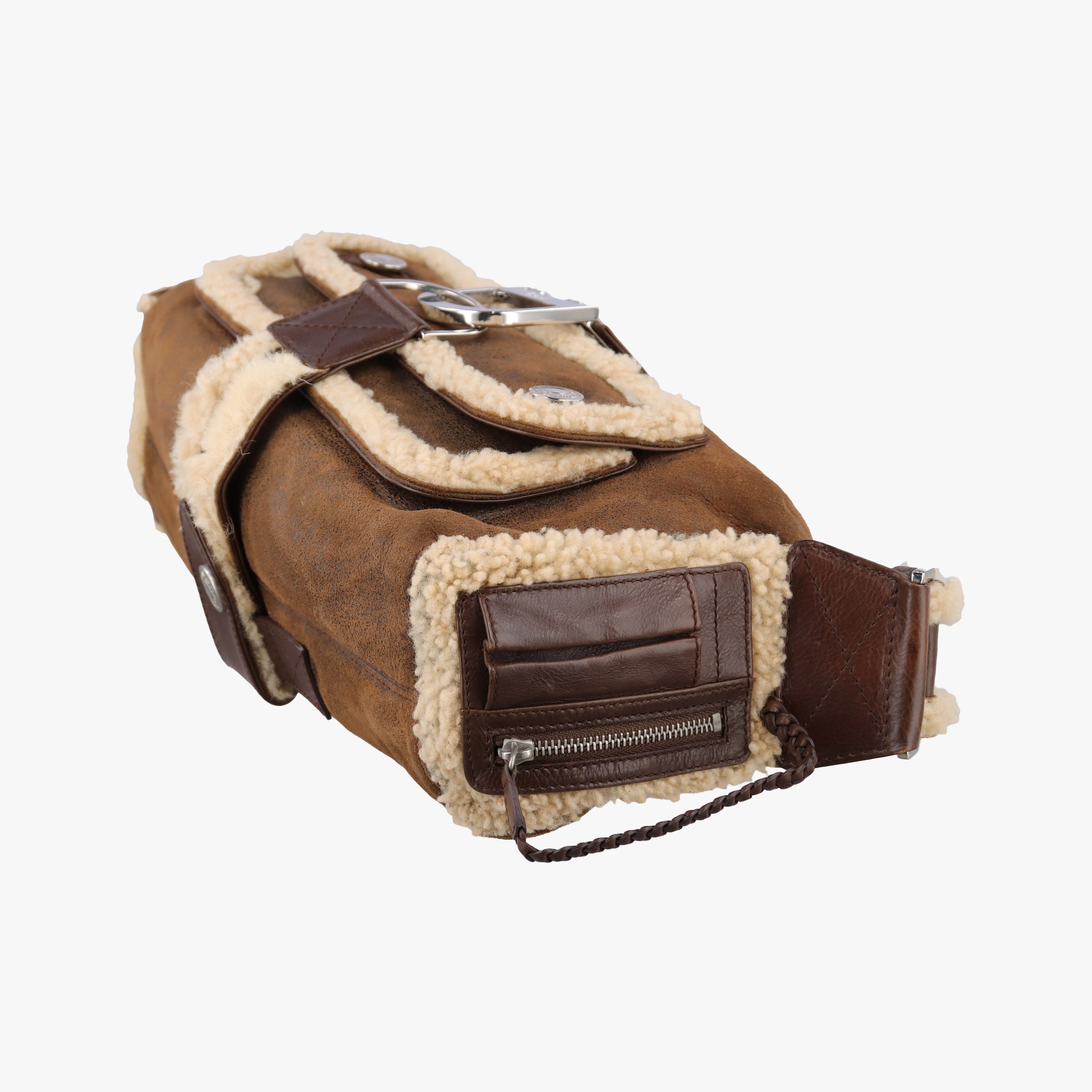 Pre-owned Christian Dior Flight brown x beige Leather x Mouton  shoulderbag | stylenewstar