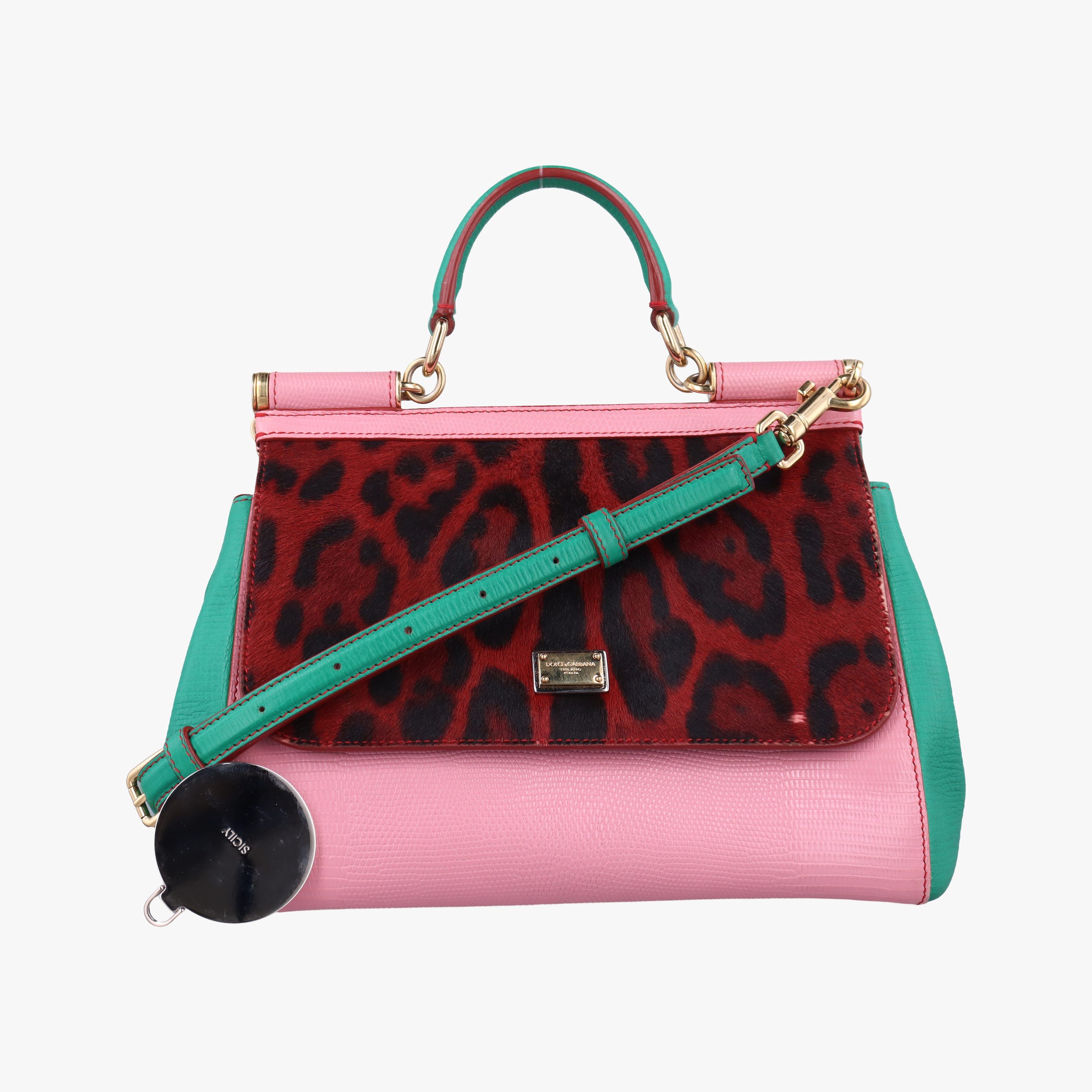 Pre-owned Dolce & Gabbana SICILY Red×pink×Green Leather×ponyhair  shoulderbag | stylenewstar