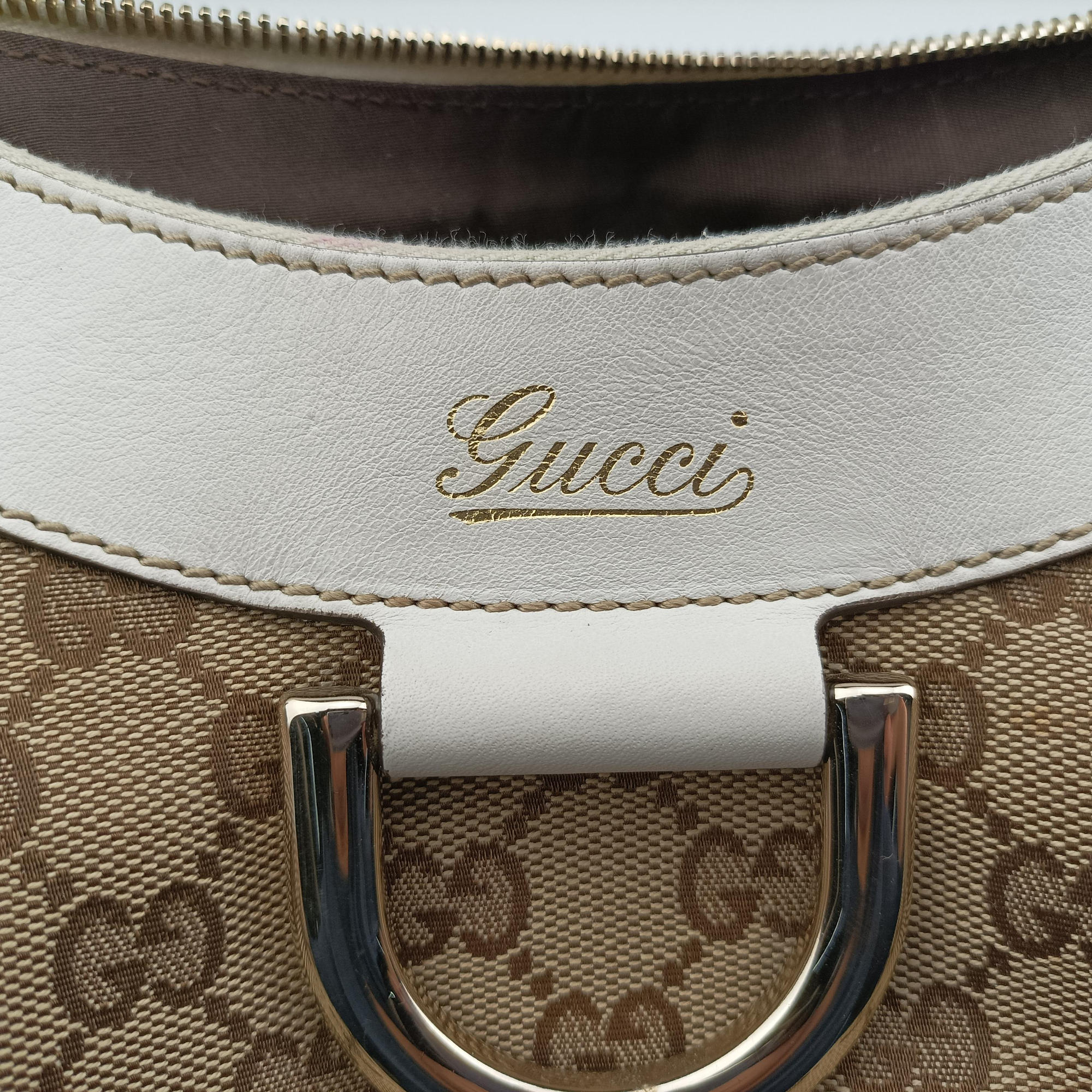 Vintage Gucci Abbey D-ring Hobo Beige×White canvas×leather 190525 handbag | stylenewstar