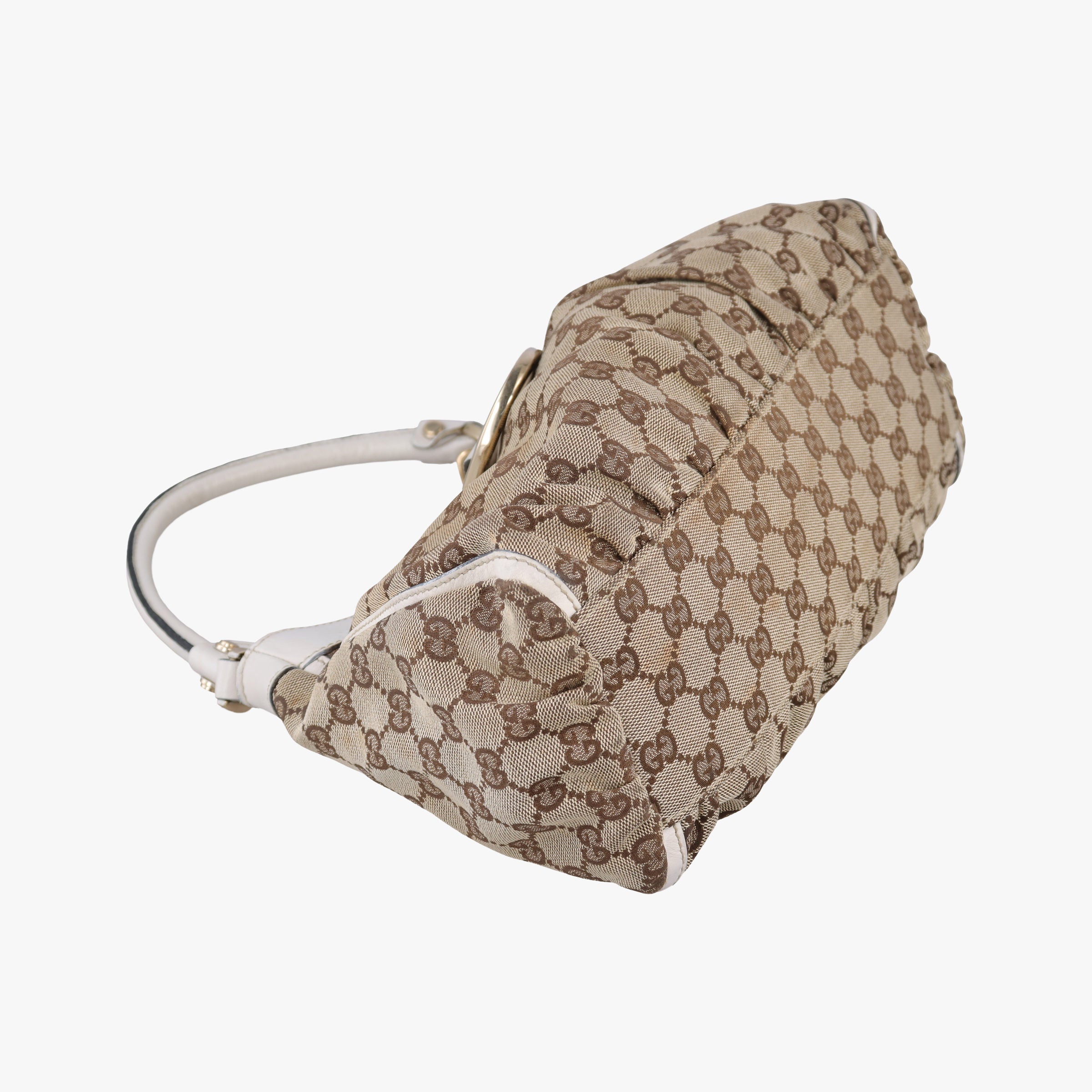 Pre-owned Gucci Abbey D-ring Hobo Beige×White canvas×leather 190525 handbag | stylenewstar