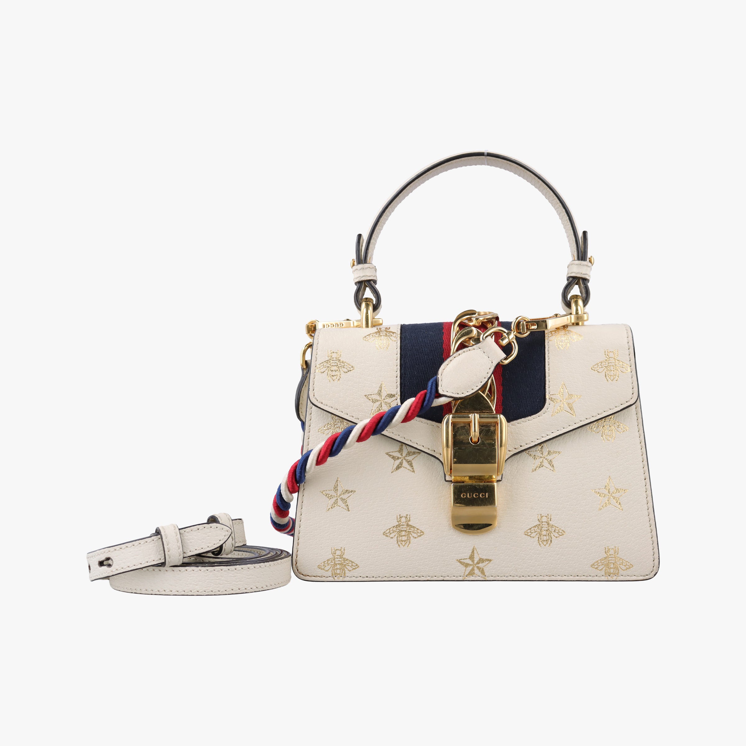 Pre-owned Gucci Sylvie Ivory×navy×red Leather 470270 shoulderbag | stylenewstar