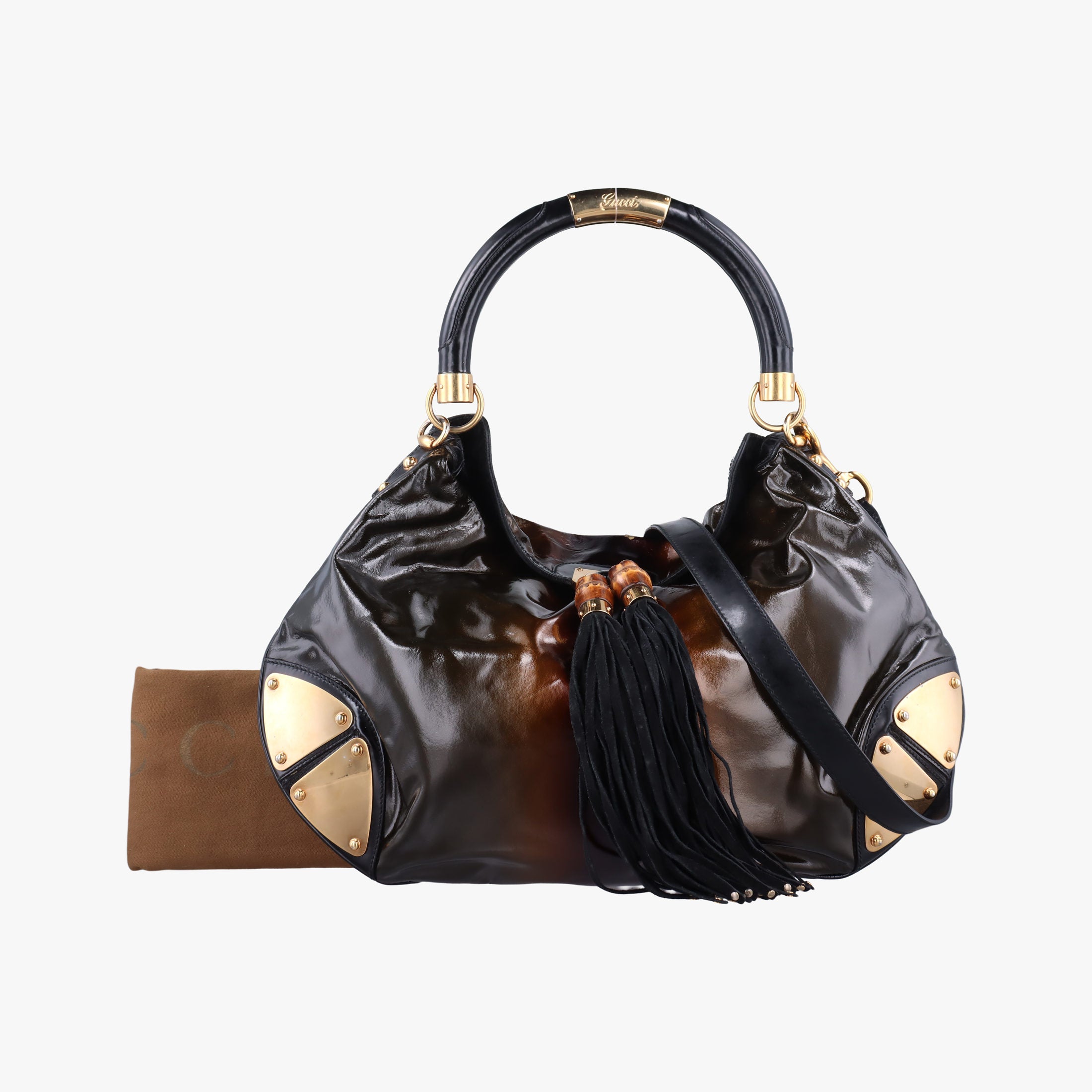 Pre-owned Gucci Bamboo Babouska Indy Hobo Brown Patent 177083 handbag | stylenewstar
