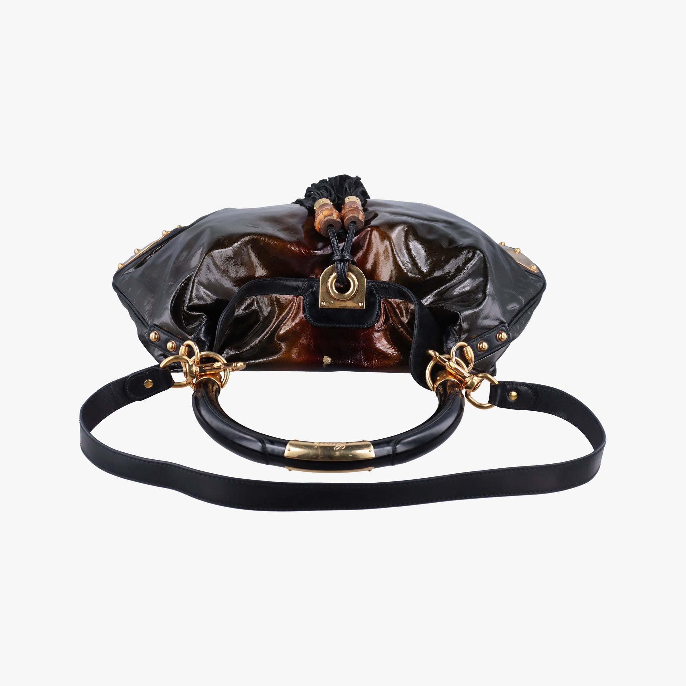 Pre-owned Gucci Bamboo Babouska Indy Hobo Brown Patent 177083 handbag | stylenewstar