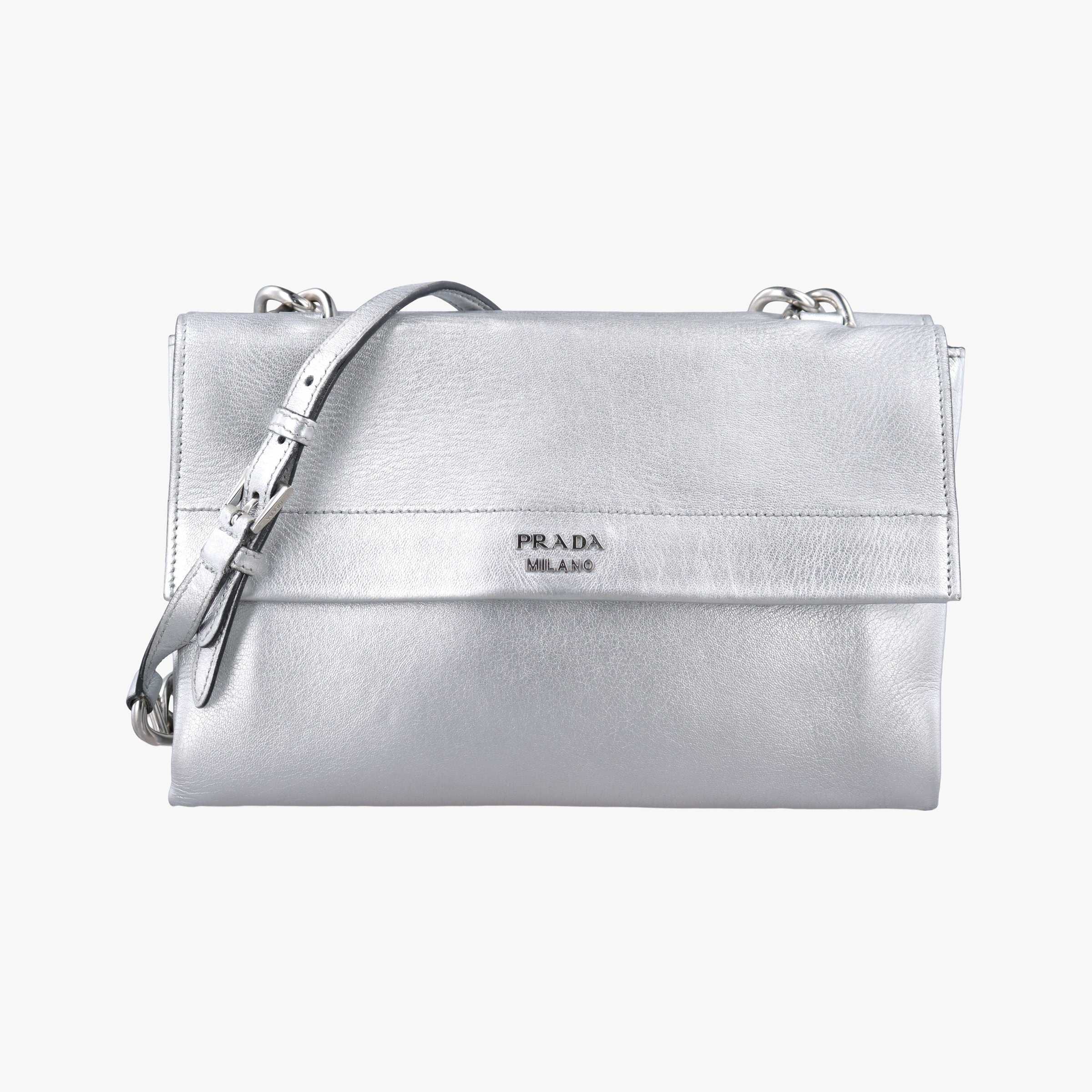 Pre-owned Prada Half Flap Double Turn Lock Silver Leather  shoulderbag | stylenewstar