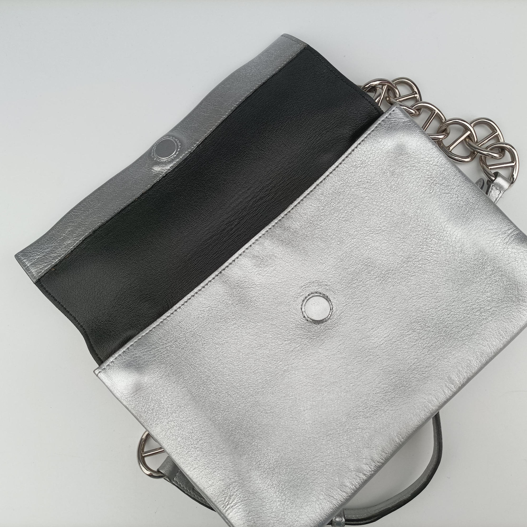 Pre-owned Prada Half Flap Double Turn Lock Silver Leather  shoulderbag | stylenewstar